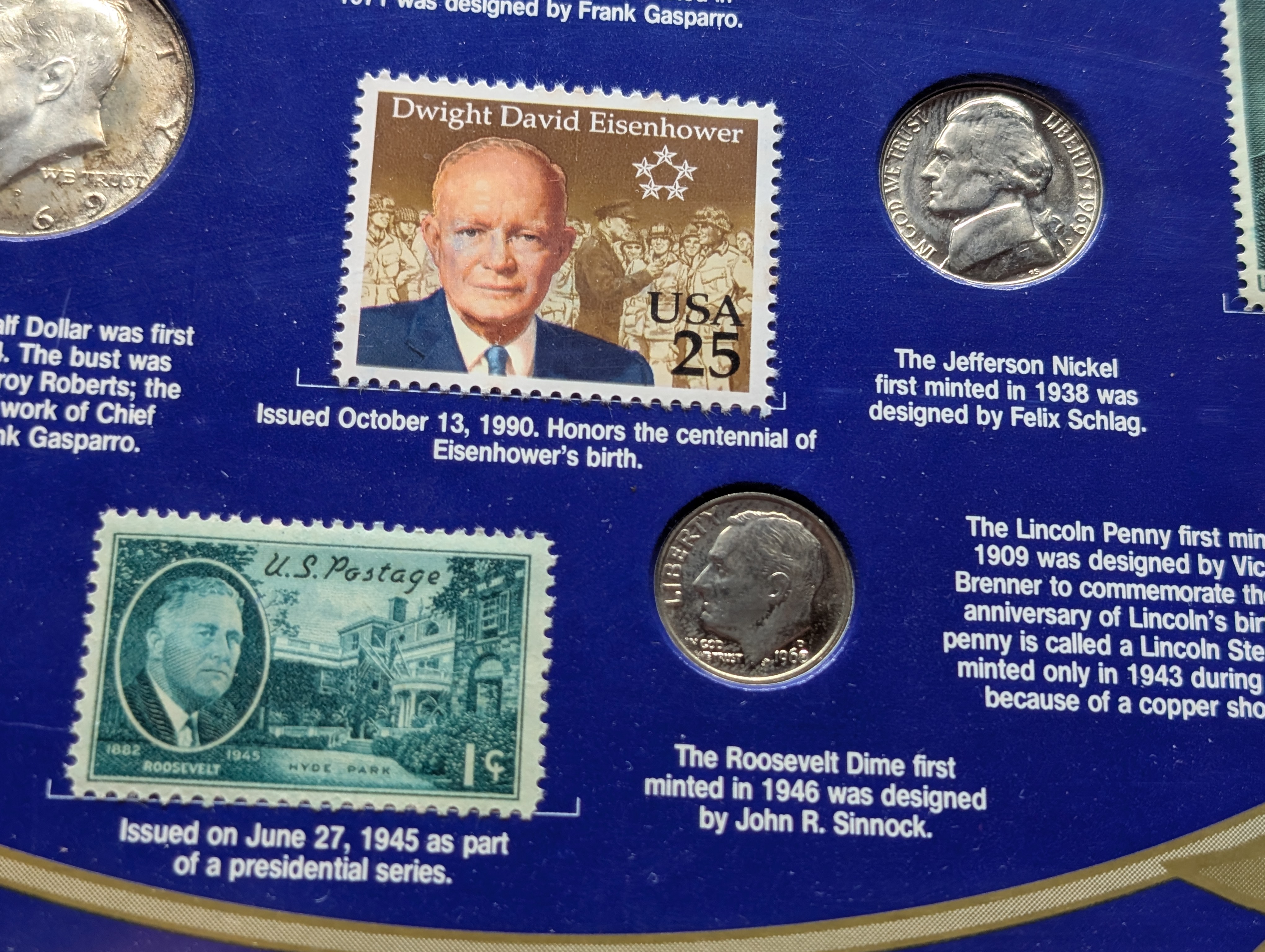 1960's & 1970's Presidential Stamp & Coin Collection in Display Frame w/ COA - Includes Silver Half Dollar
