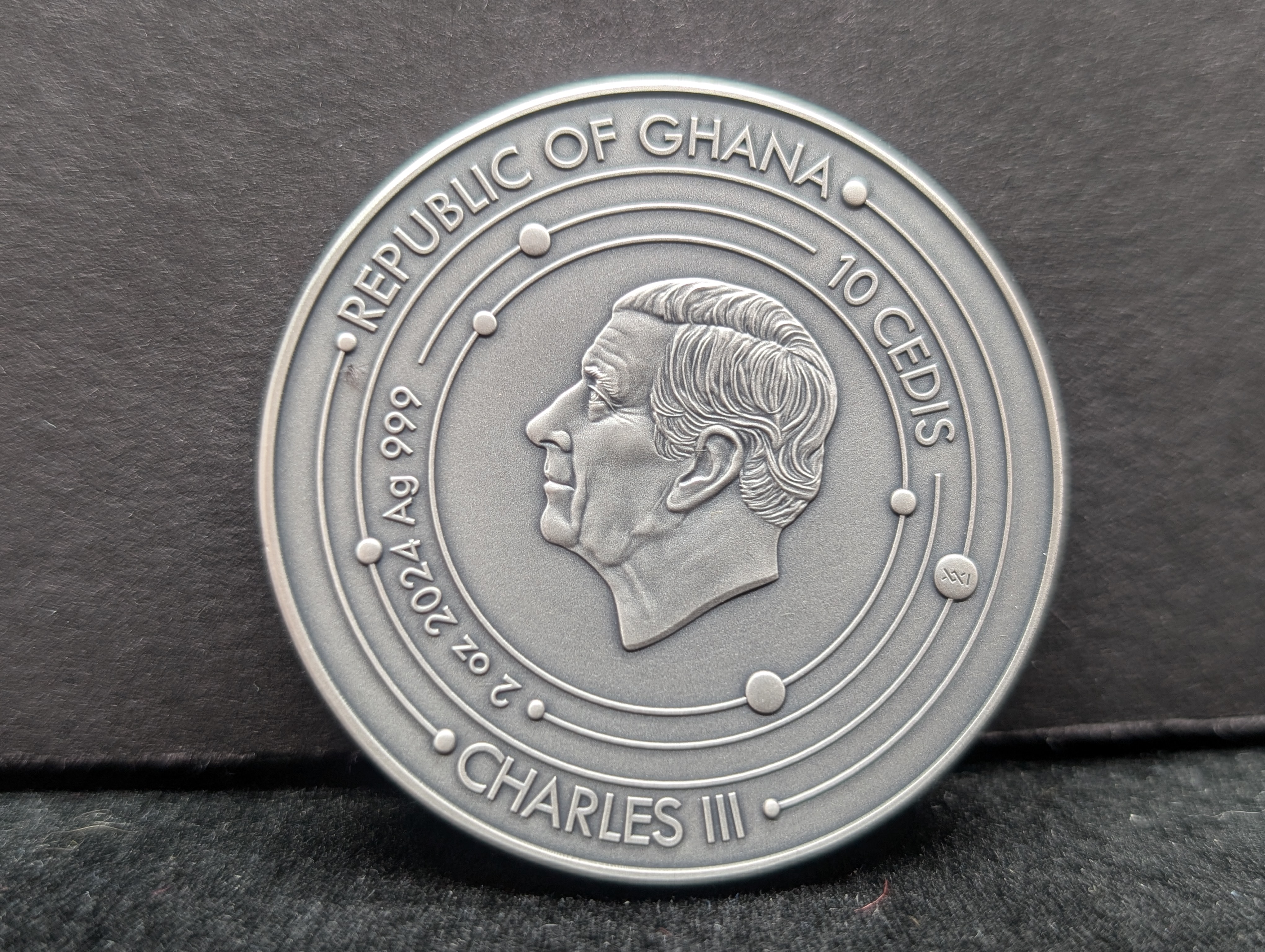 Limited Edition HIGH RELIEF Antique Finish Solar System 2 Oz. .999 FINE SILVER 2024 Republic of Ghana 10 Cedis Mars (Shield & Spear of the G