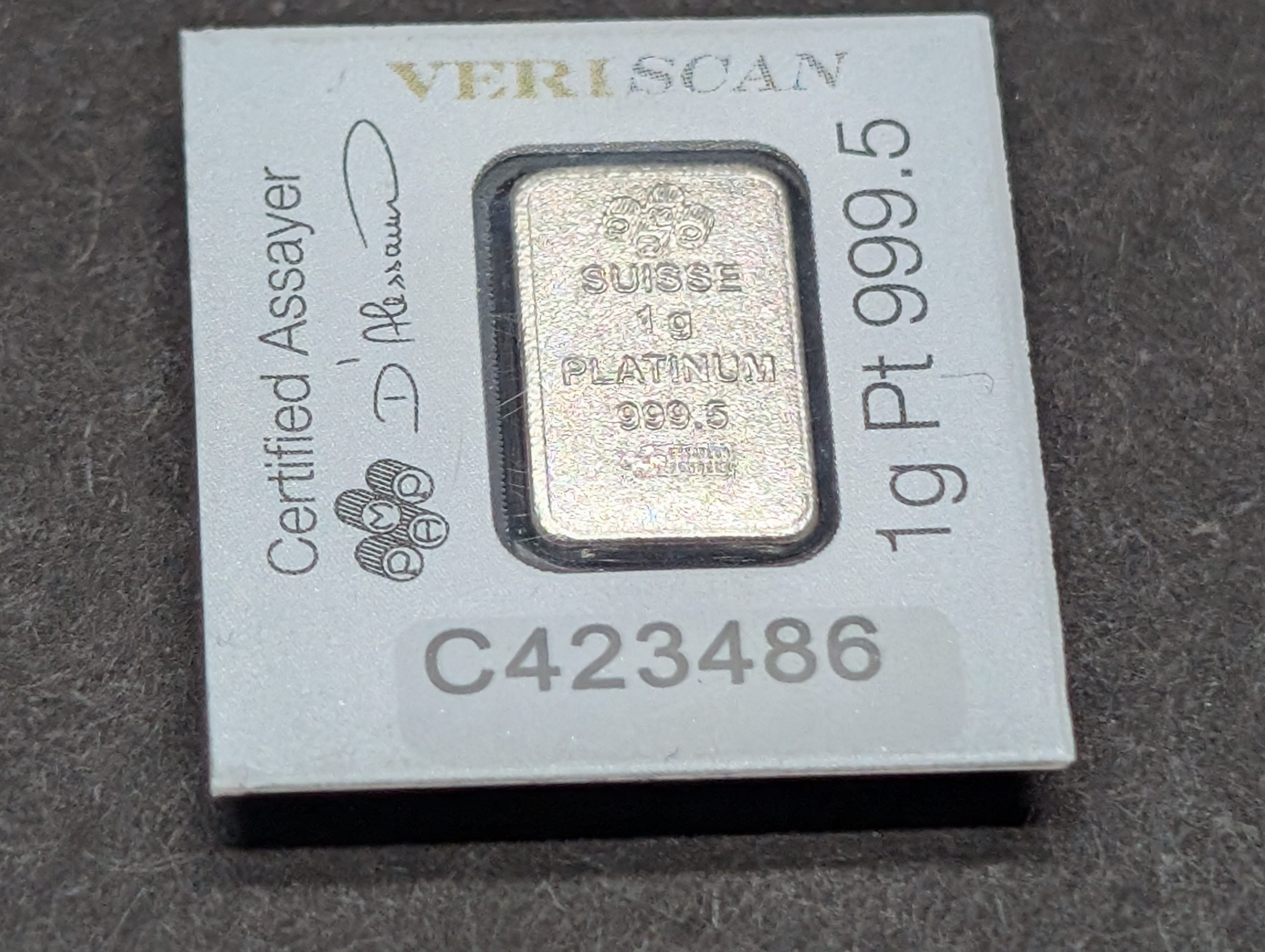 1 Gram .999 PURE PLATINUM Miniature Bullion Bar in Sealed PAMP Display w/ COA (Penny Pictured for Size Comparison)