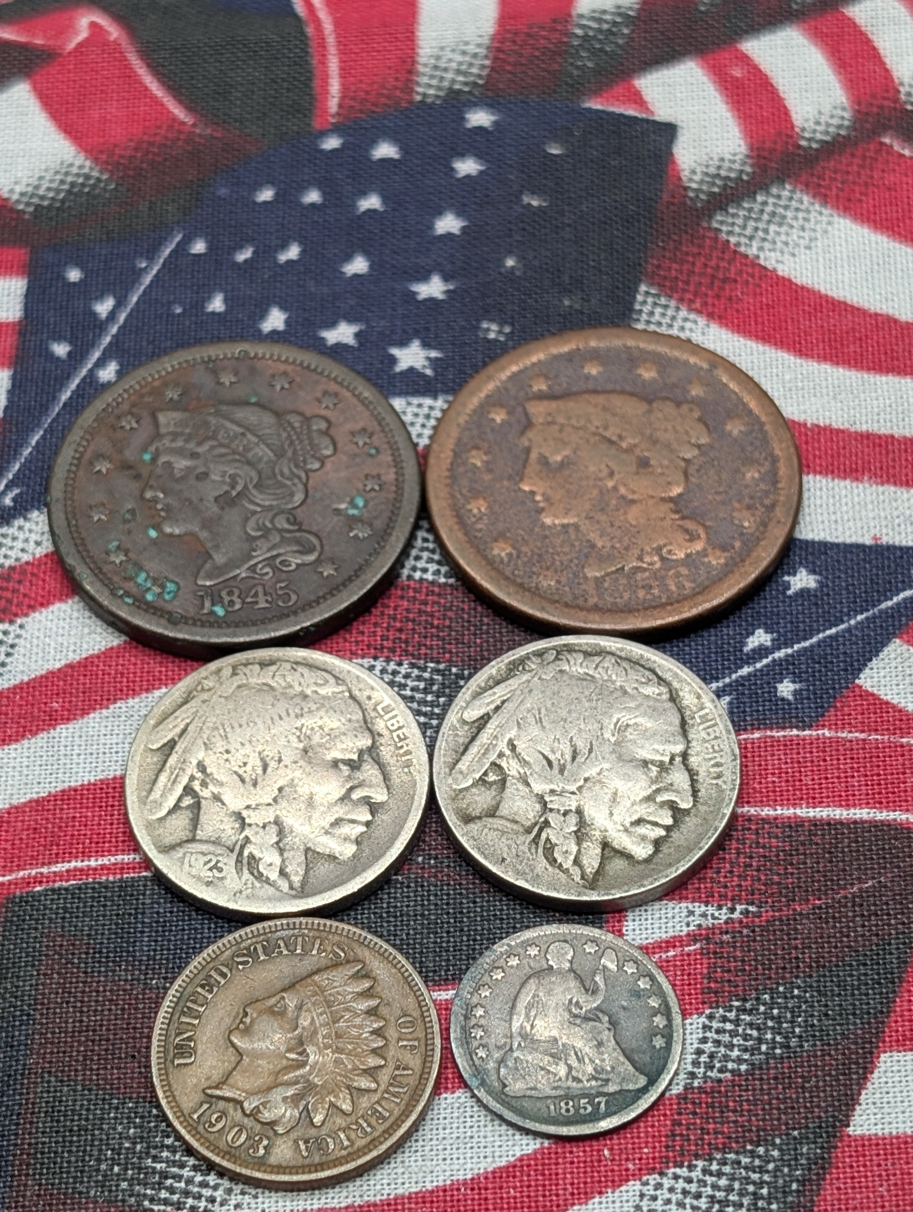 1845 Braided Hair Large Cent, 1856 Braided Hair Large Cent, 1857 Seated Liberty Half Dime, 1903 Indian Head Cent, 1923-S Indian Head Buffalo