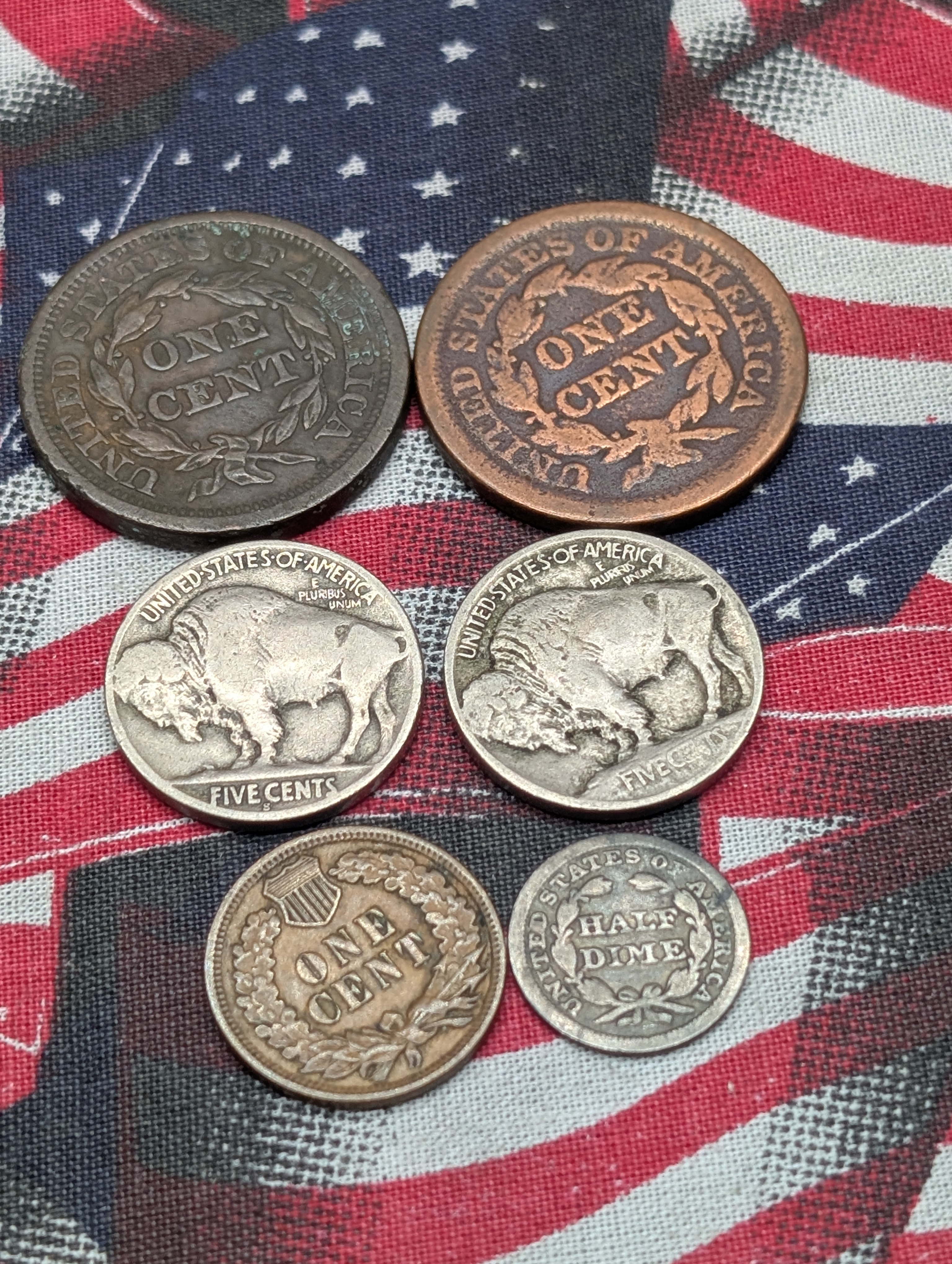 1845 Braided Hair Large Cent, 1856 Braided Hair Large Cent, 1857 Seated Liberty Half Dime, 1903 Indian Head Cent, 1923-S Indian Head Buffalo