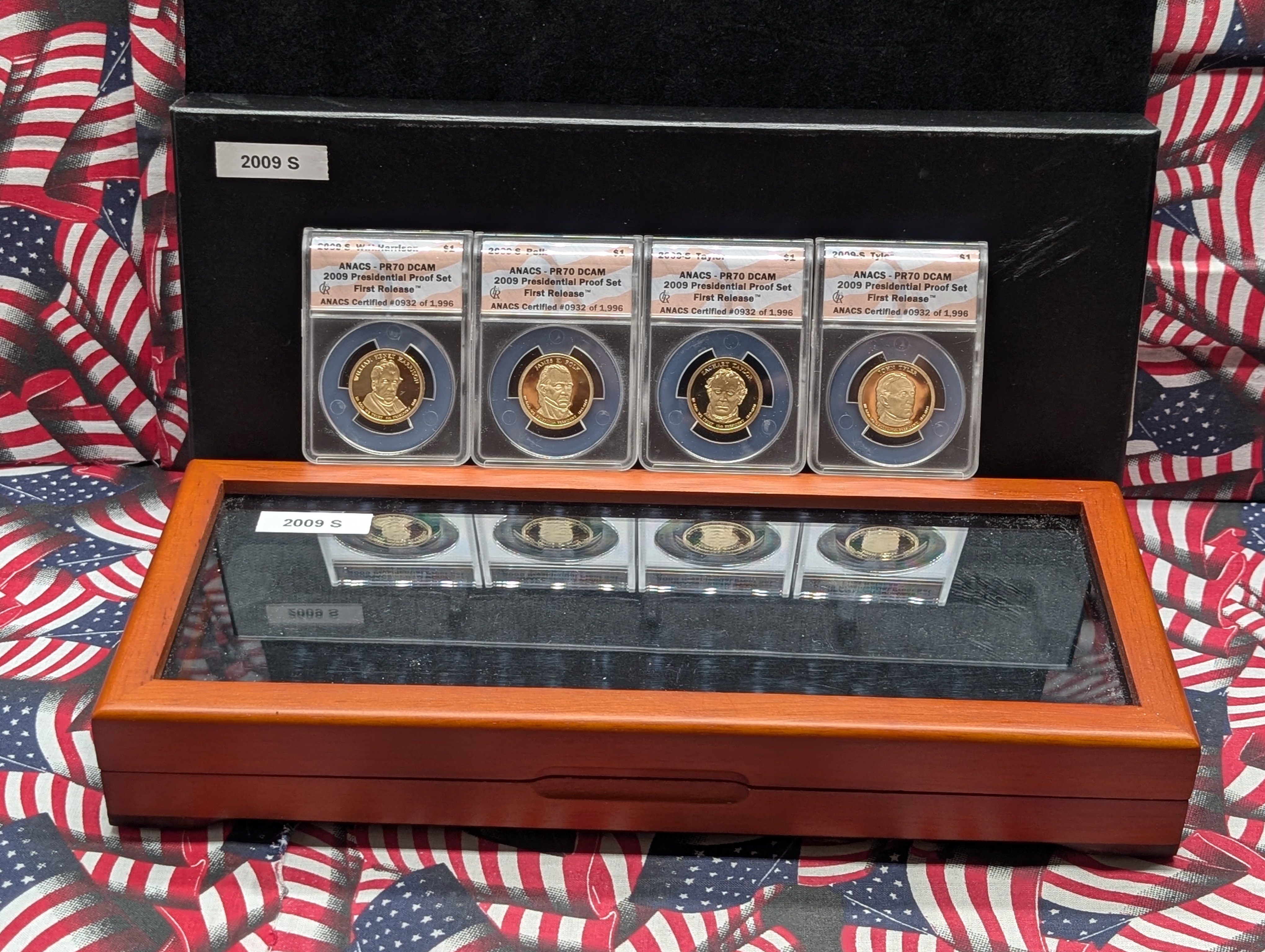 (4) 2009-S PROOF Presidential Dollars - All ANACS Cert. PR70 DCAM - First Release (W.H. Harrison, Tyler, Polk & Taylor) in Wooden Display Bo
