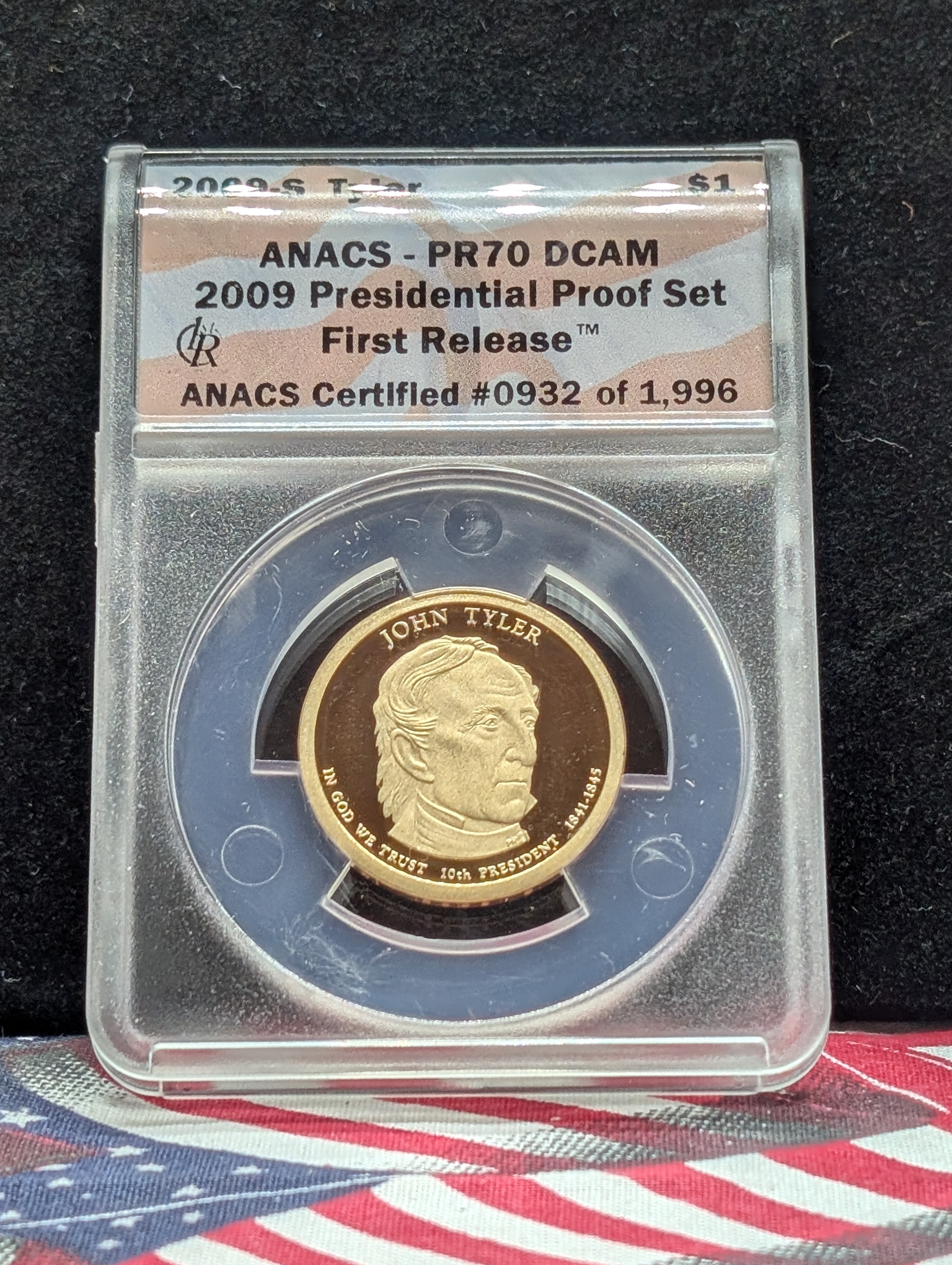 (4) 2009-S PROOF Presidential Dollars - All ANACS Cert. PR70 DCAM - First Release (W.H. Harrison, Tyler, Polk & Taylor) in Wooden Display Bo