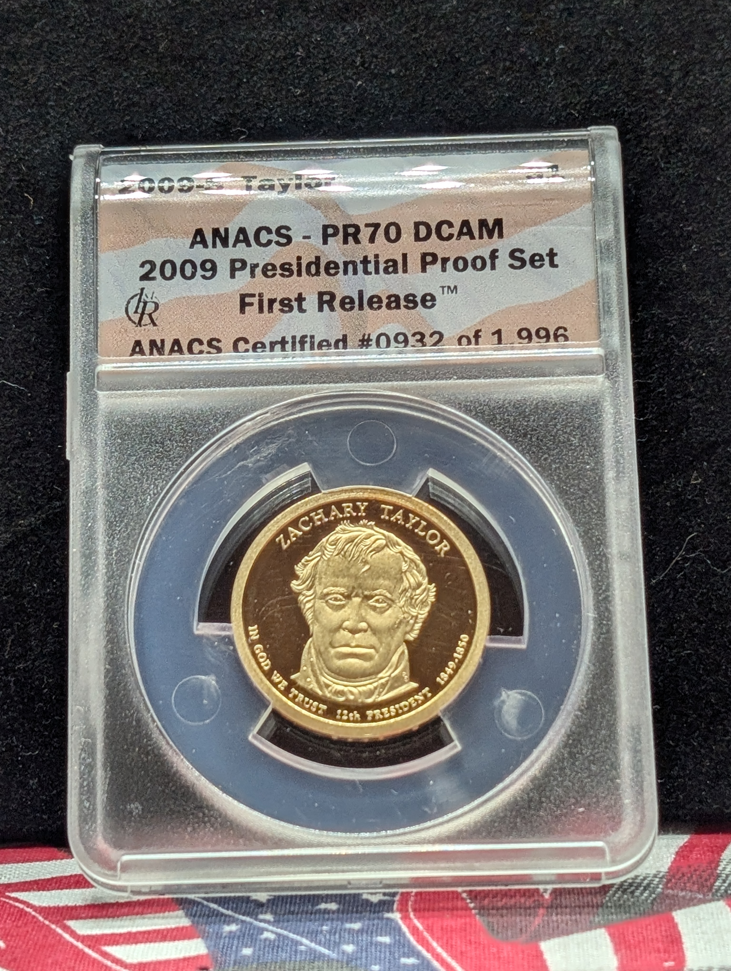 (4) 2009-S PROOF Presidential Dollars - All ANACS Cert. PR70 DCAM - First Release (W.H. Harrison, Tyler, Polk & Taylor) in Wooden Display Bo