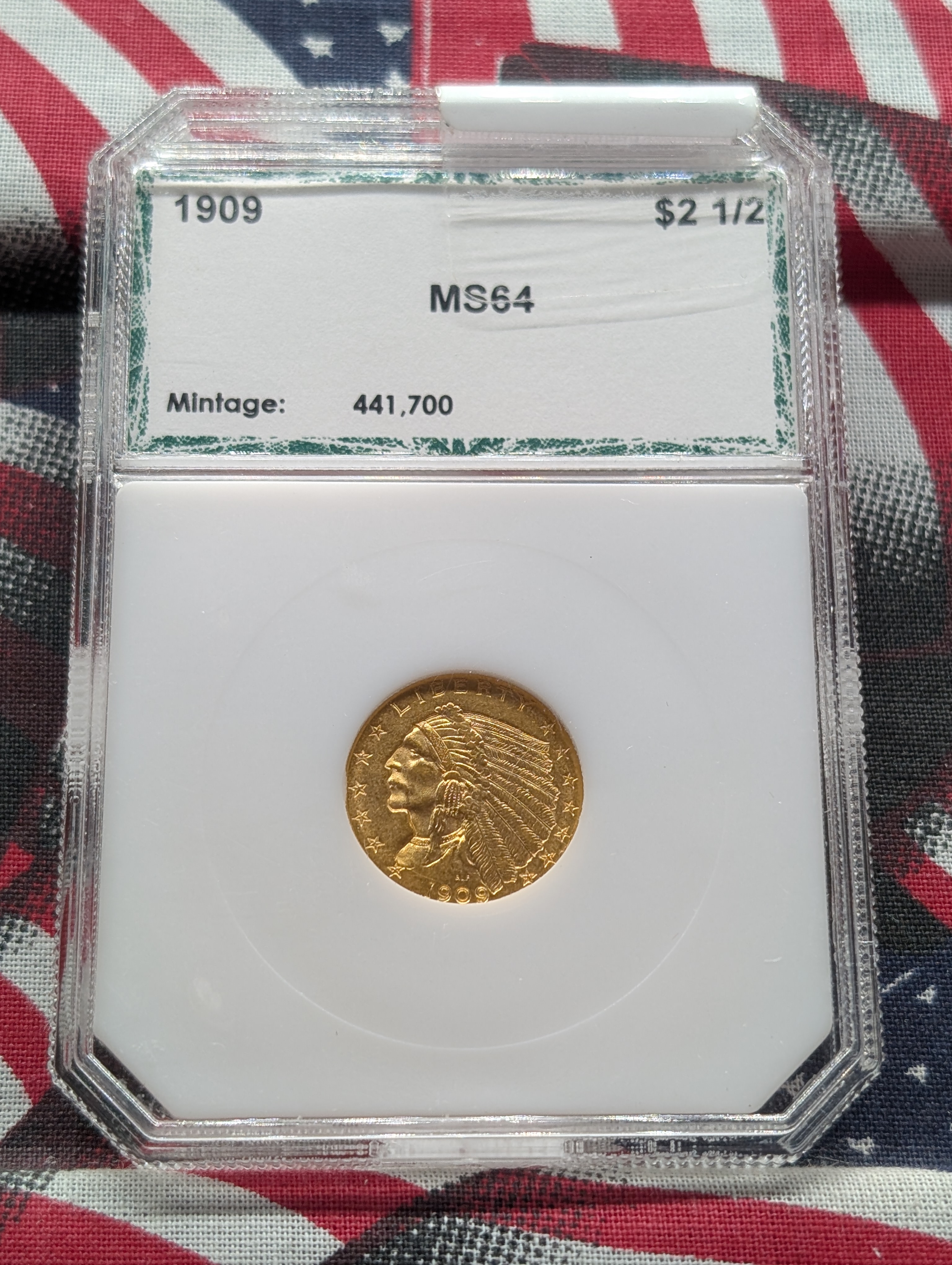 1909 Indian Head $2.50 90% GOLD Quarter Eagle - PCI Cert. MS64