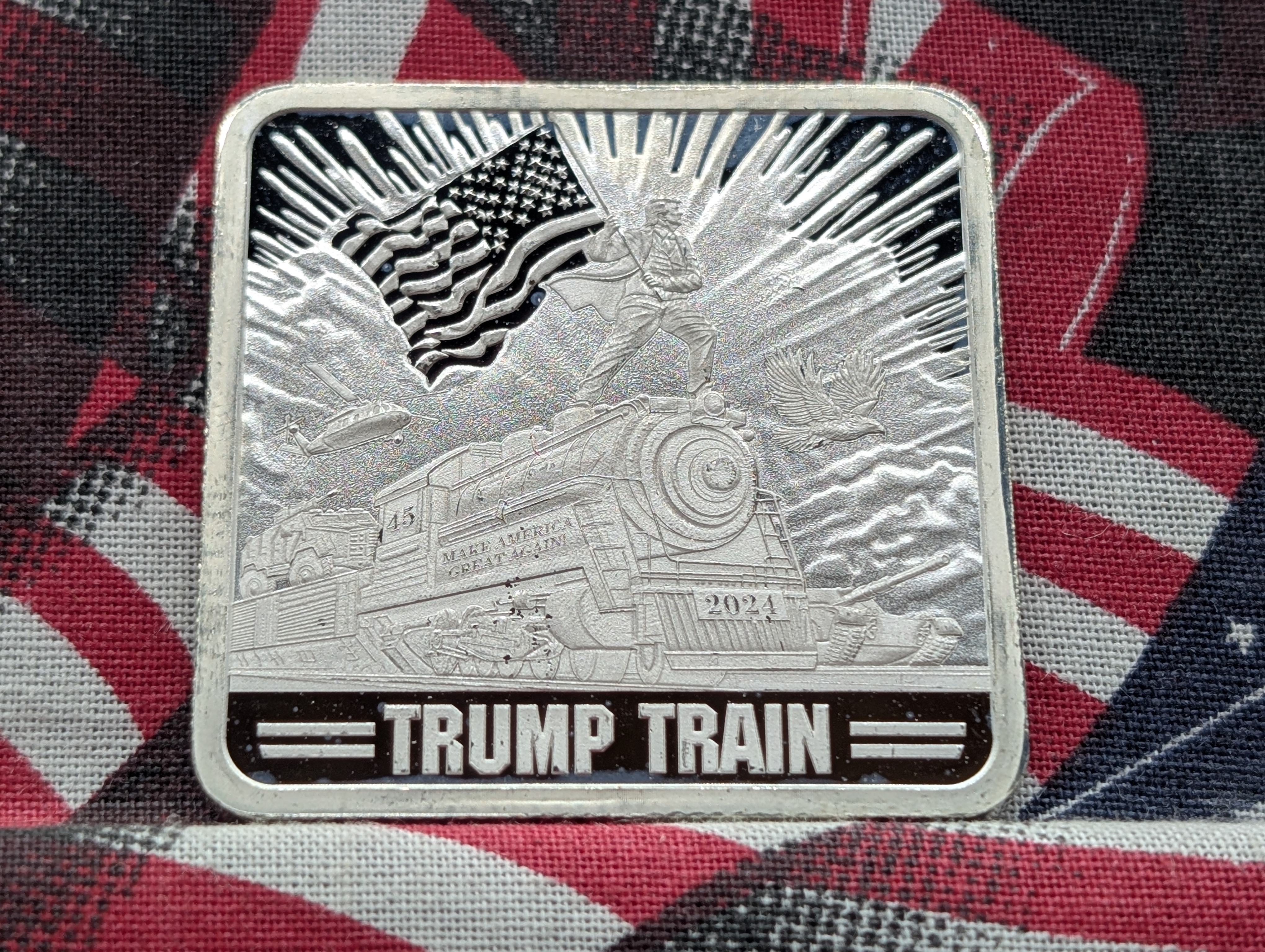 1 Oz. .999 FINE SILVER Trump Train Designed Art Bar