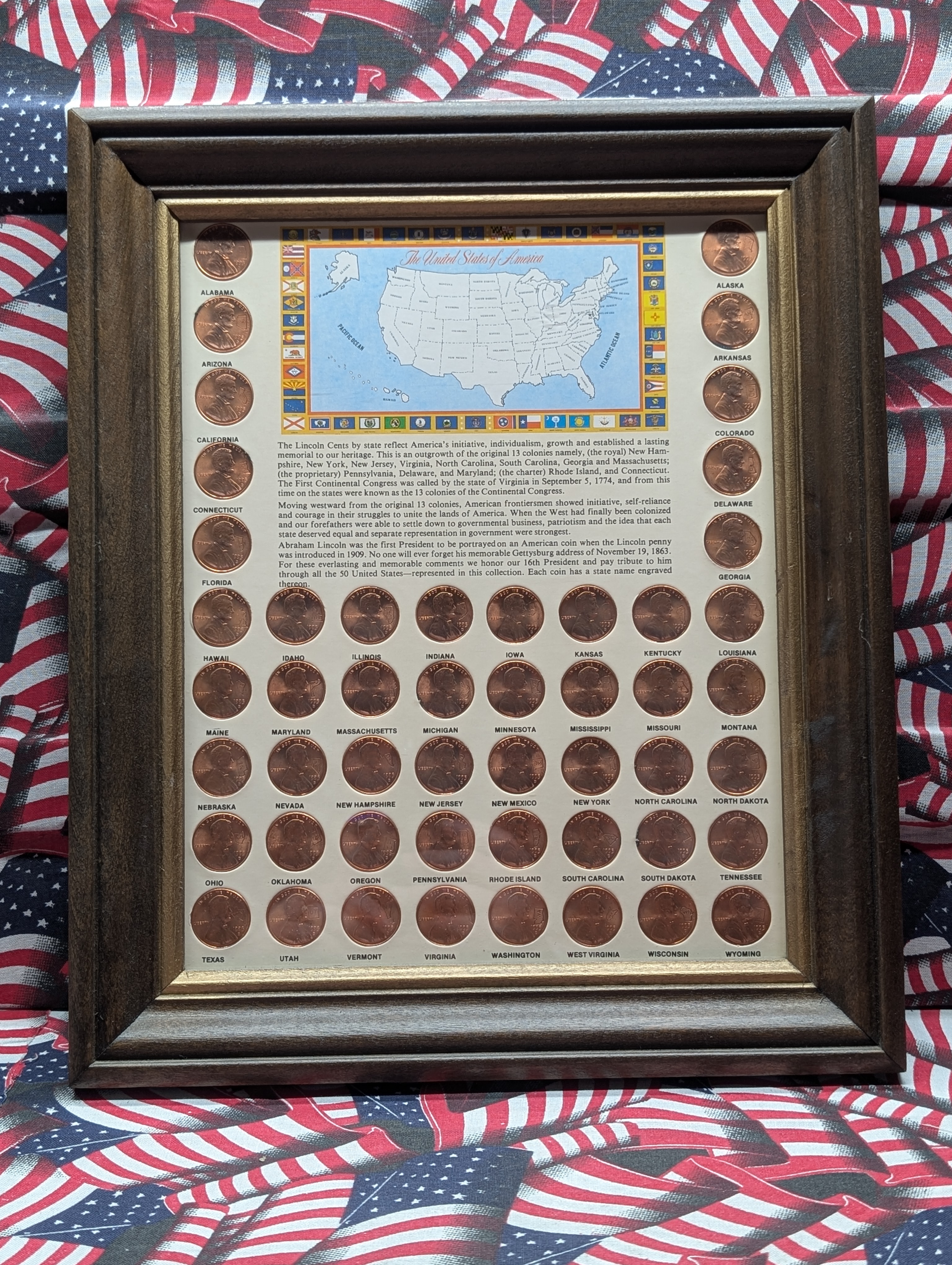 1993-D Lincoln Memorial Cent Collection Engraved with All 50 U.S. State Names in Display Frame