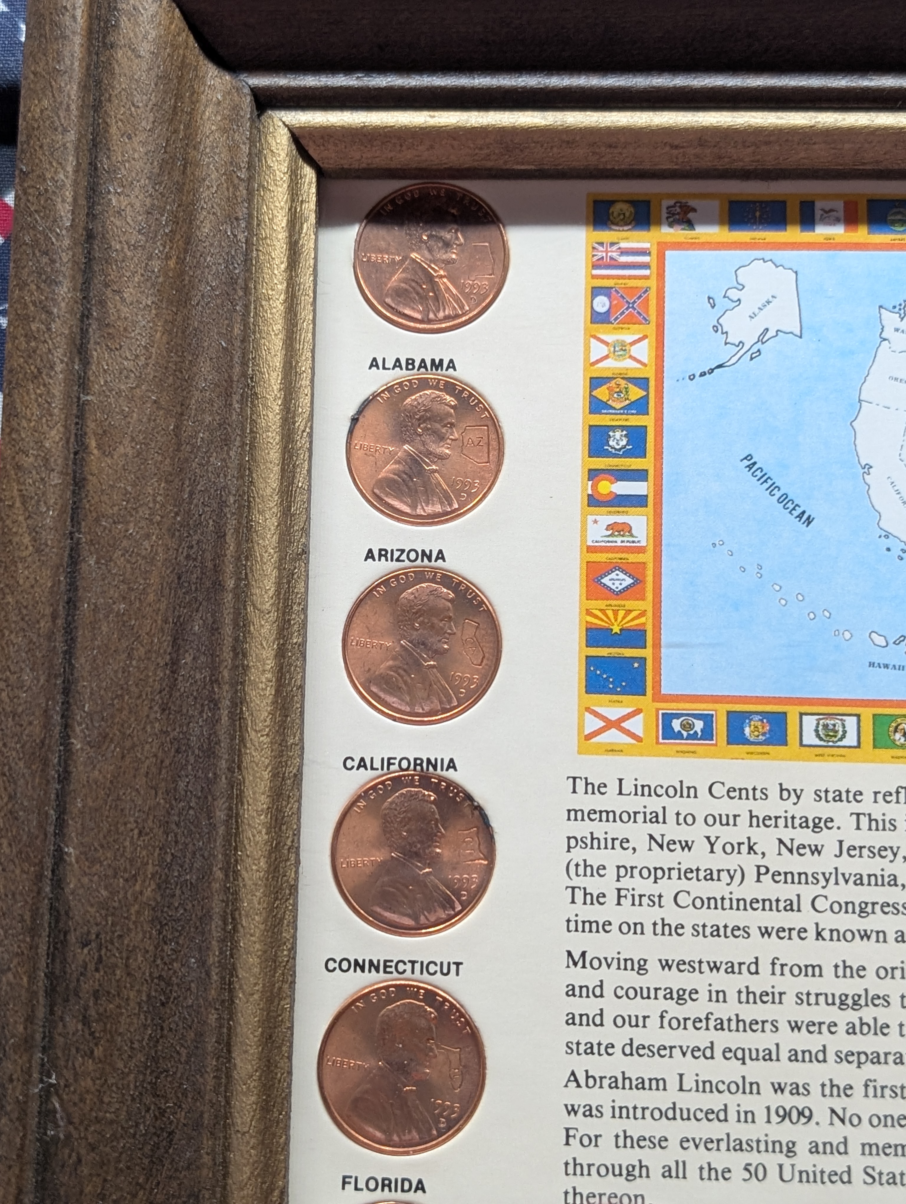 1993-D Lincoln Memorial Cent Collection Engraved with All 50 U.S. State Names in Display Frame