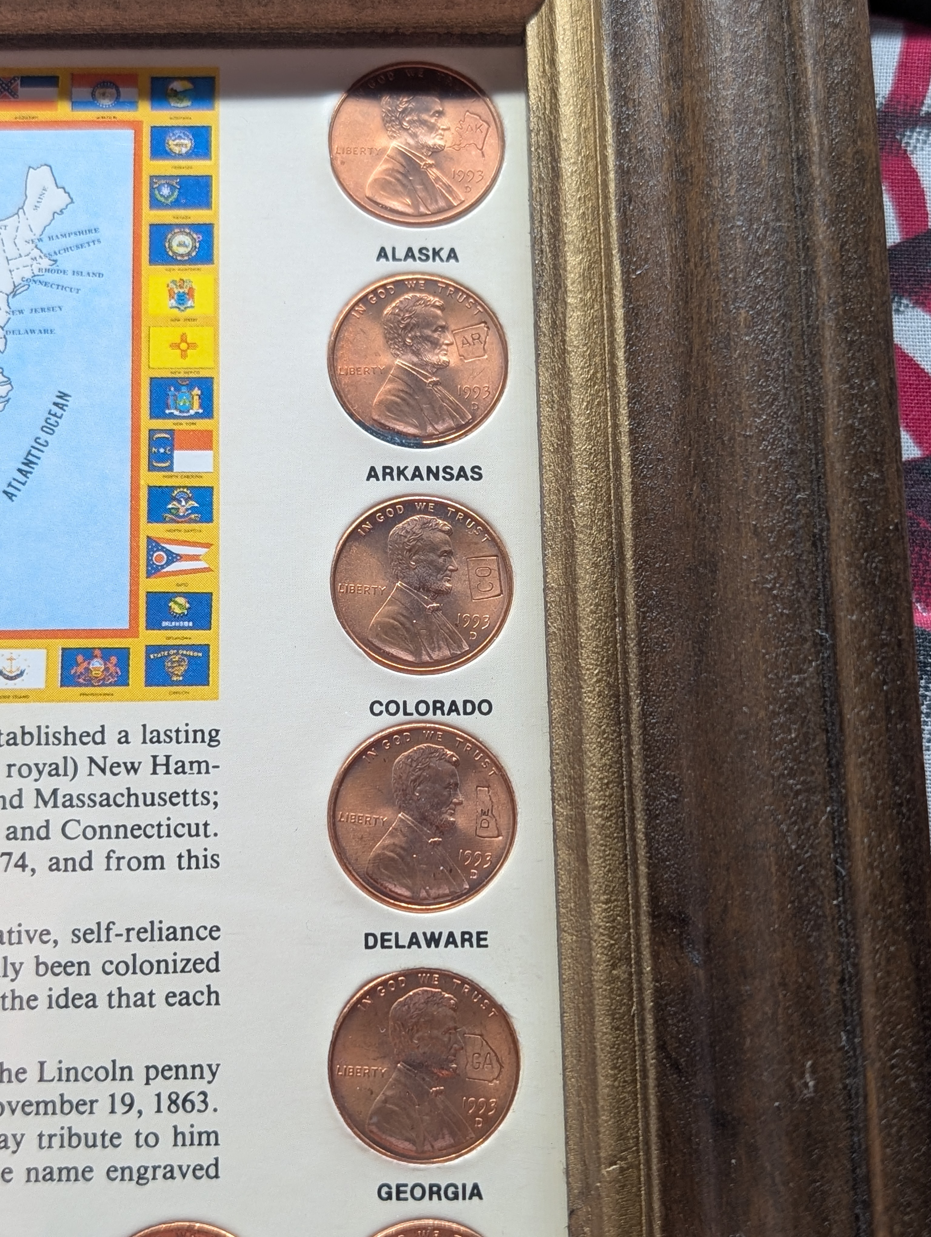 1993-D Lincoln Memorial Cent Collection Engraved with All 50 U.S. State Names in Display Frame
