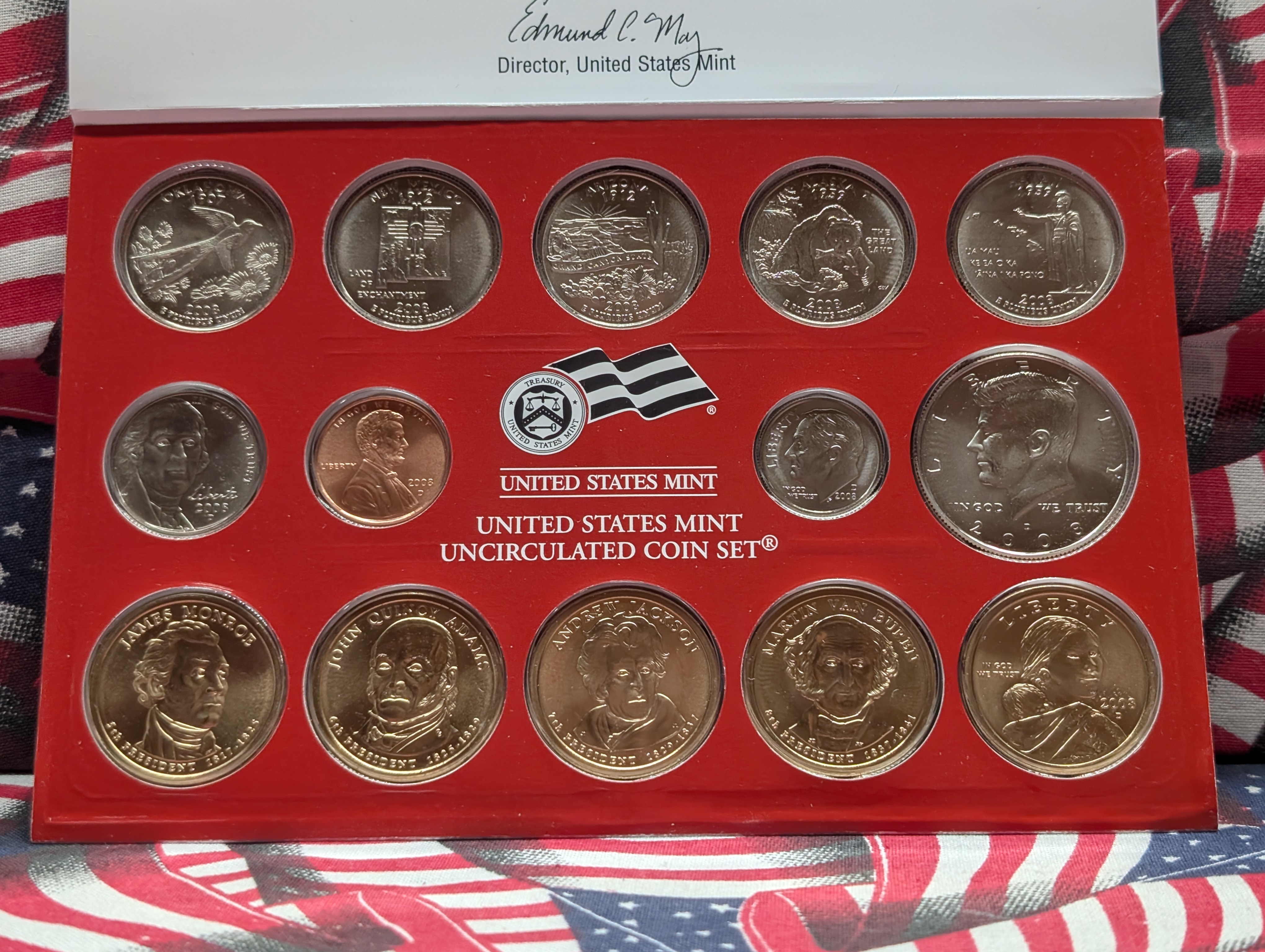 2008-P&D U.S. Mint Unc. Set with State Quarters, 4 Presidential Dollars and 1 Sacagawea Dollar in OGP w/ COA