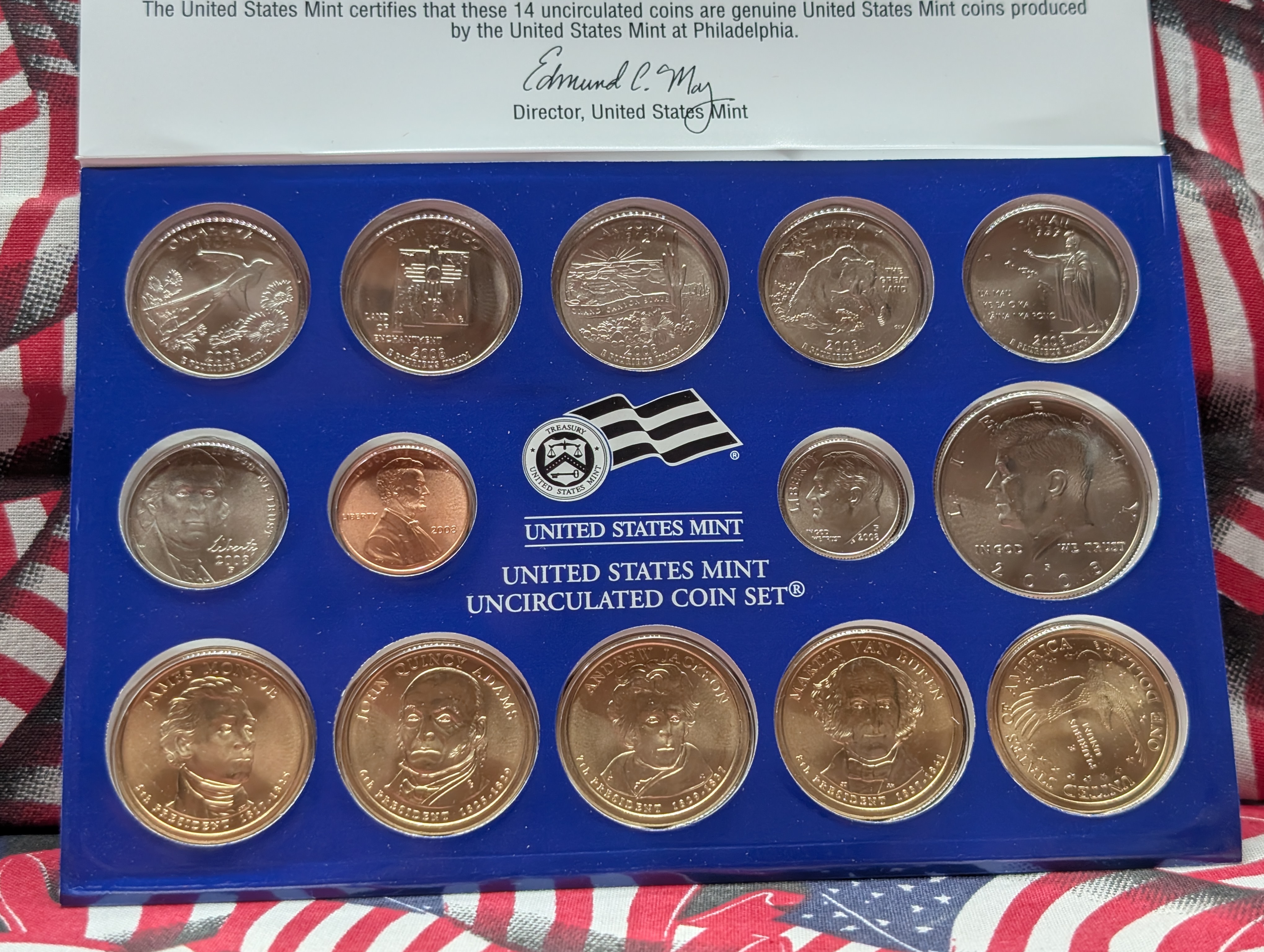 2008-P&D U.S. Mint Unc. Set with State Quarters, 4 Presidential Dollars and 1 Sacagawea Dollar in OGP w/ COA