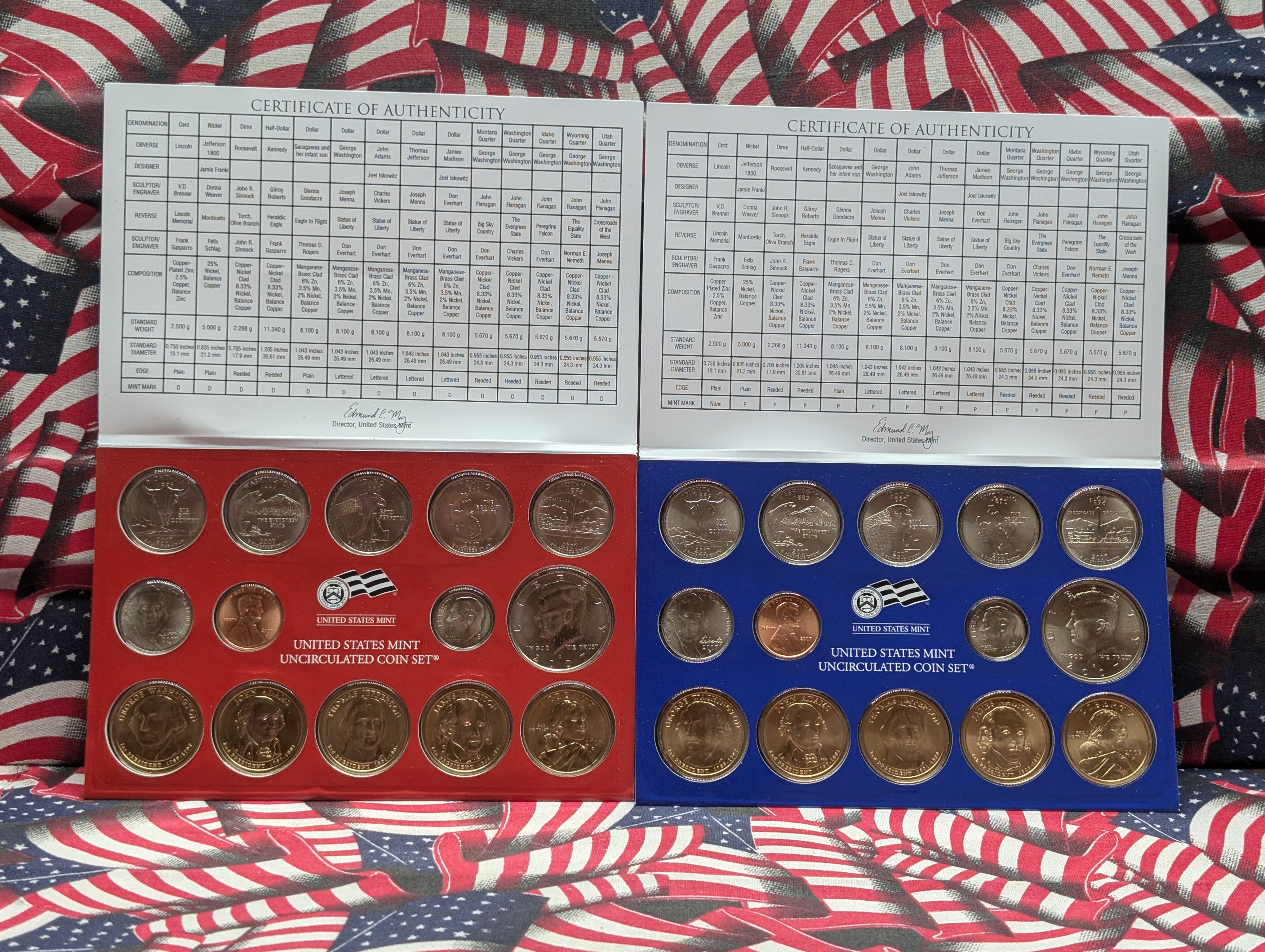 2007-P&D U.S. Mint Unc. Set with State Quarters, 4 Presidential Dollars and 1 Sacagawea Dollar in OGP w/ COA