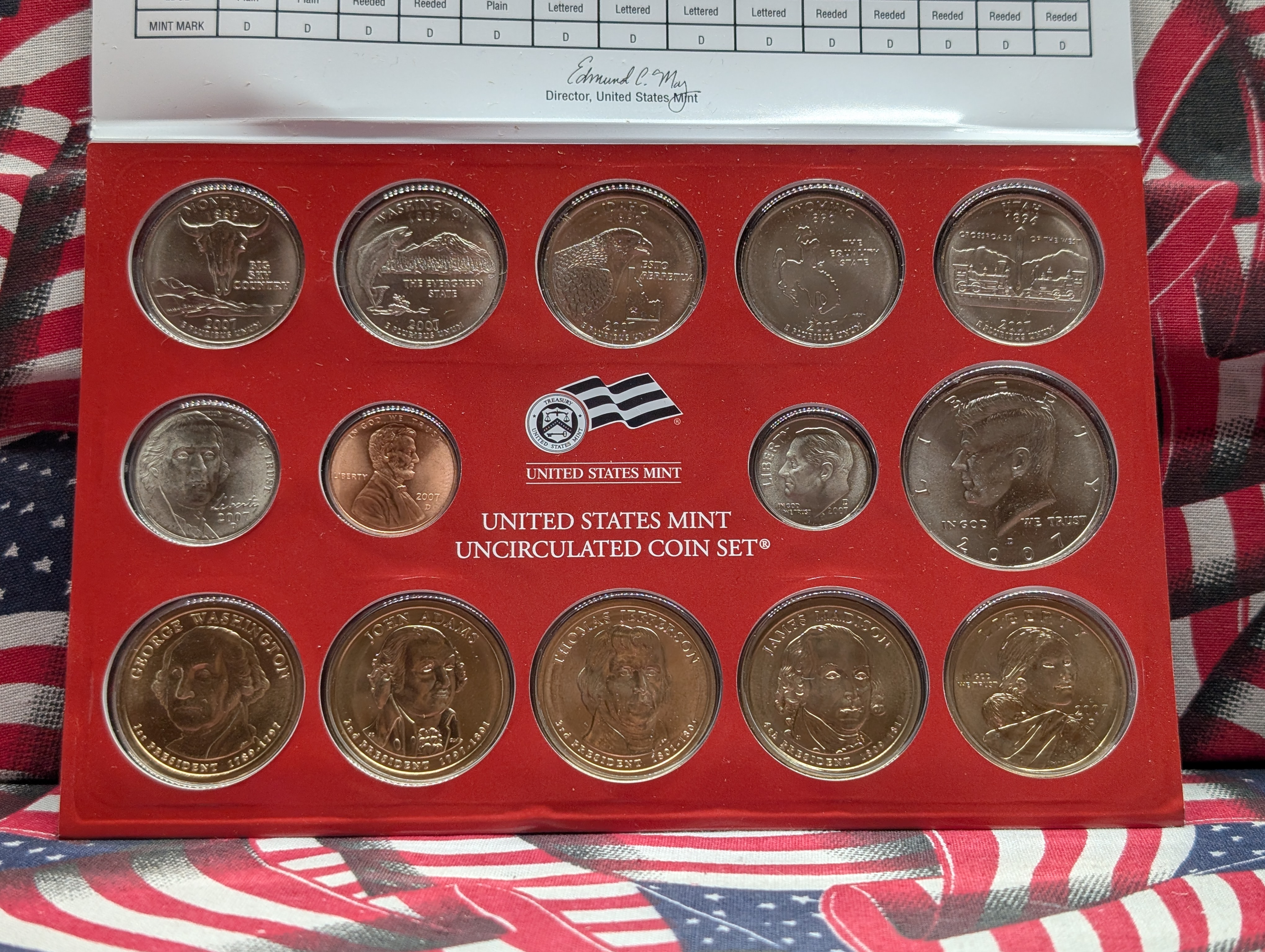 2007-P&D U.S. Mint Unc. Set with State Quarters, 4 Presidential Dollars and 1 Sacagawea Dollar in OGP w/ COA