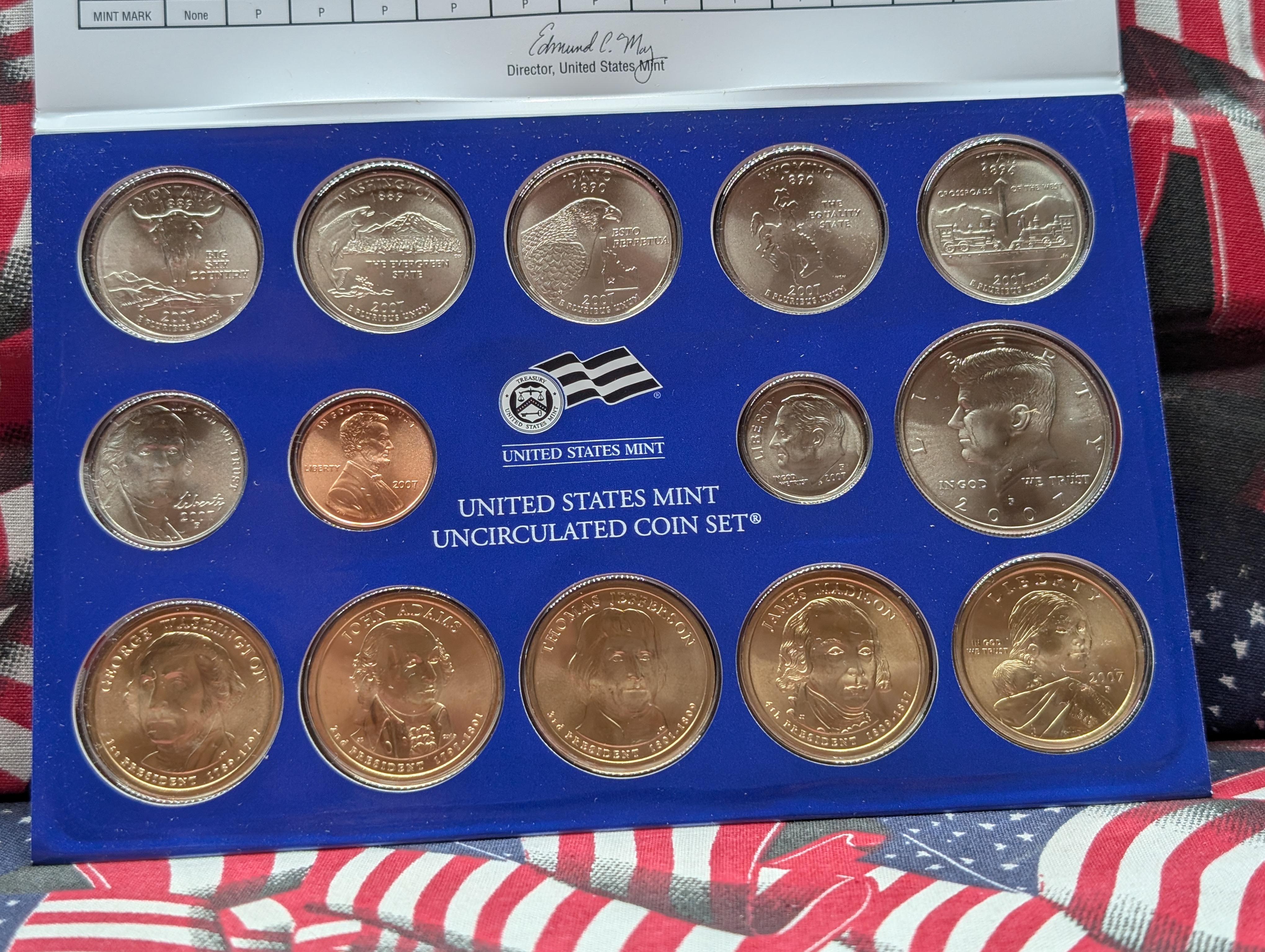 2007-P&D U.S. Mint Unc. Set with State Quarters, 4 Presidential Dollars and 1 Sacagawea Dollar in OGP w/ COA