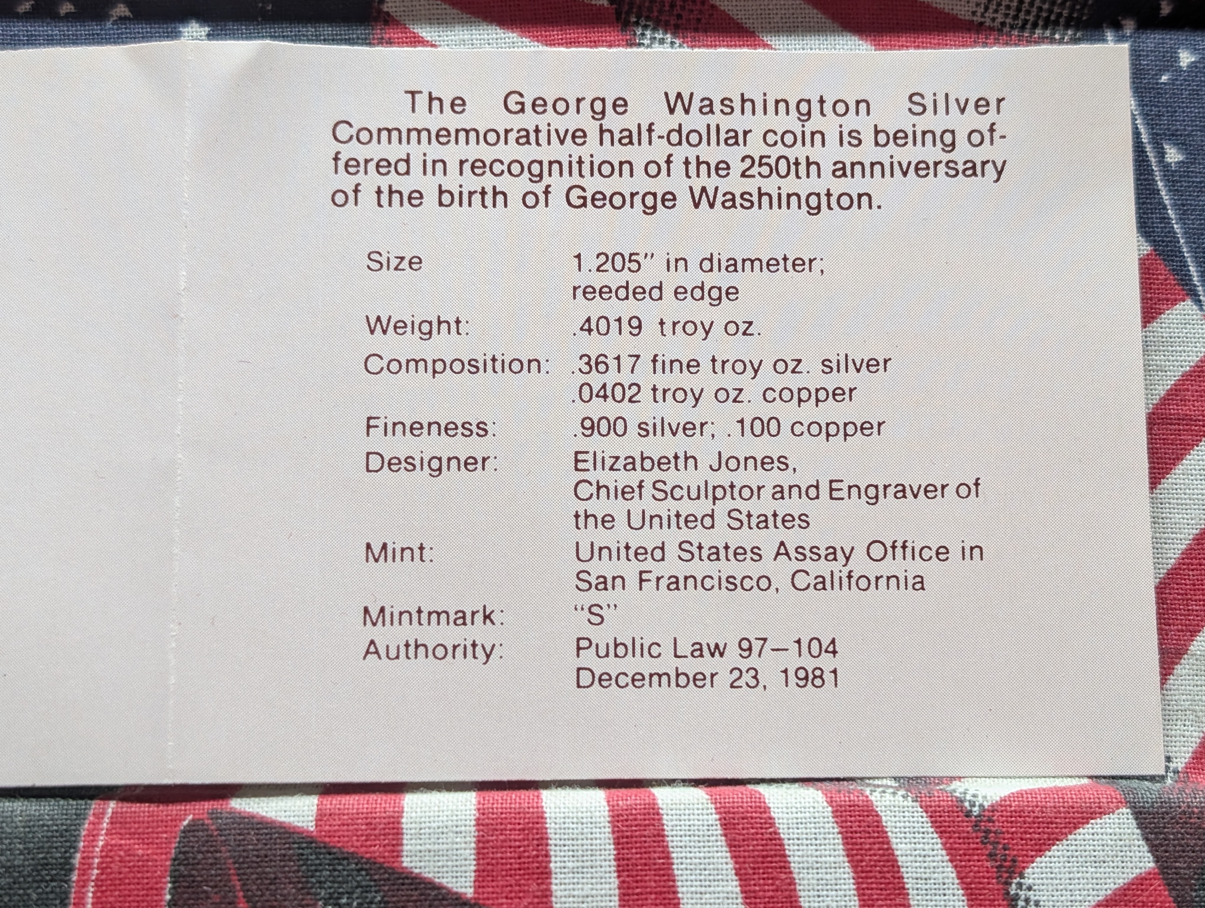 1982-S George Washington Silver Commemorative Half Dollar In OGP, 90% Silver