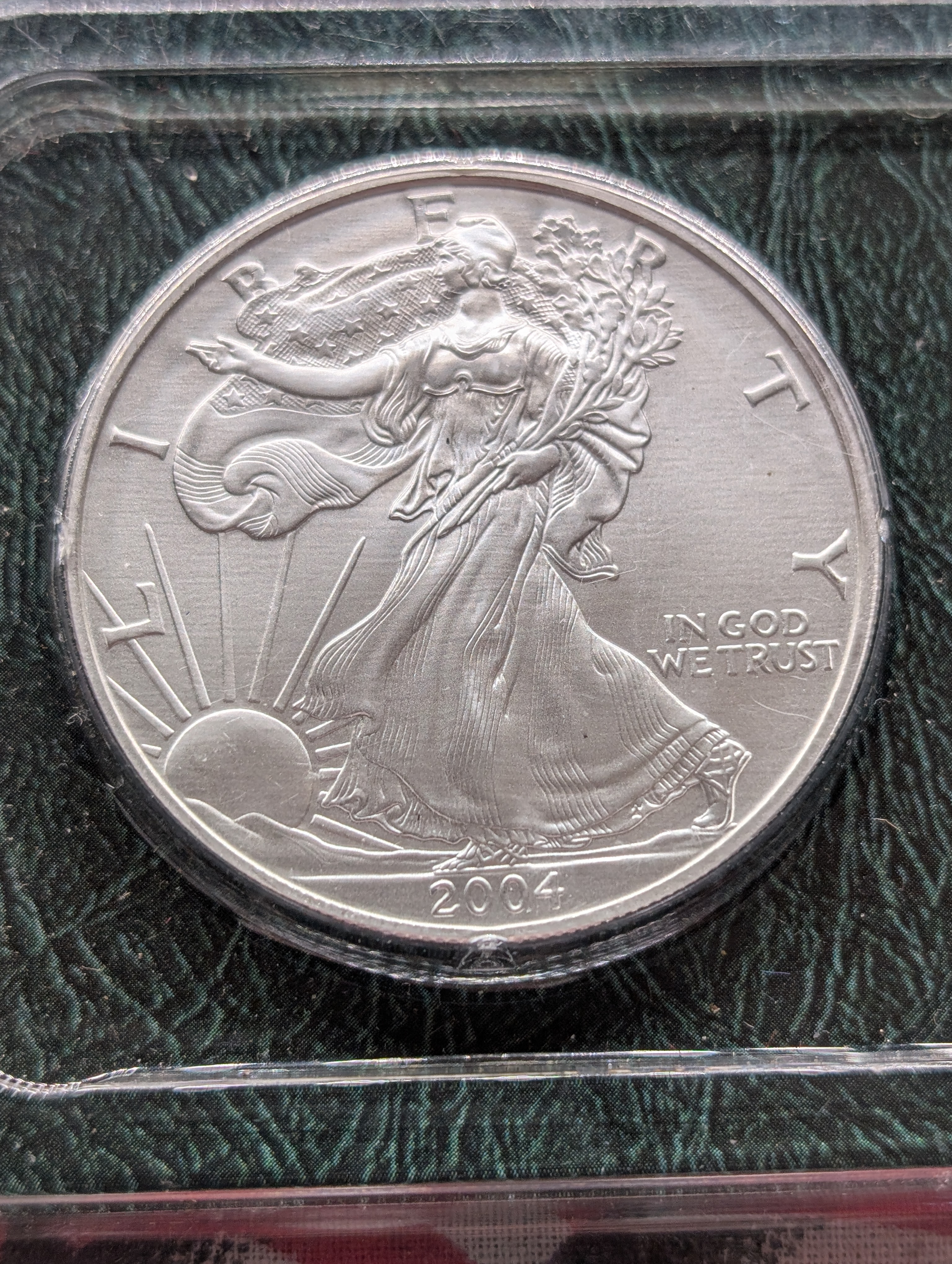 2004 American Silver Eagle In Littleton Plastic Holder, 99.9% Silver, One Troy Ounce