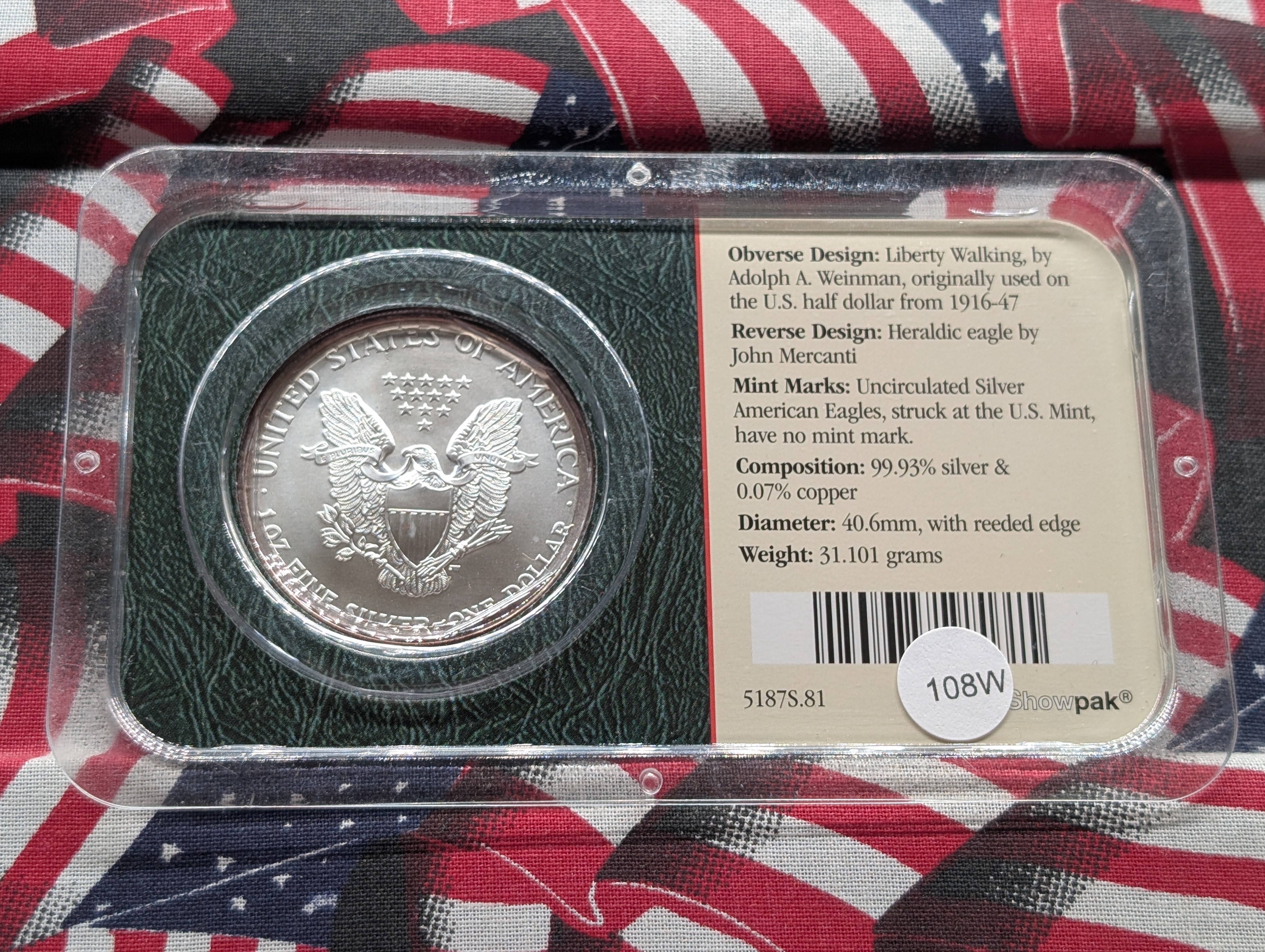 2004 American Silver Eagle In Littleton Plastic Holder, 99.9% Silver, One Troy Ounce
