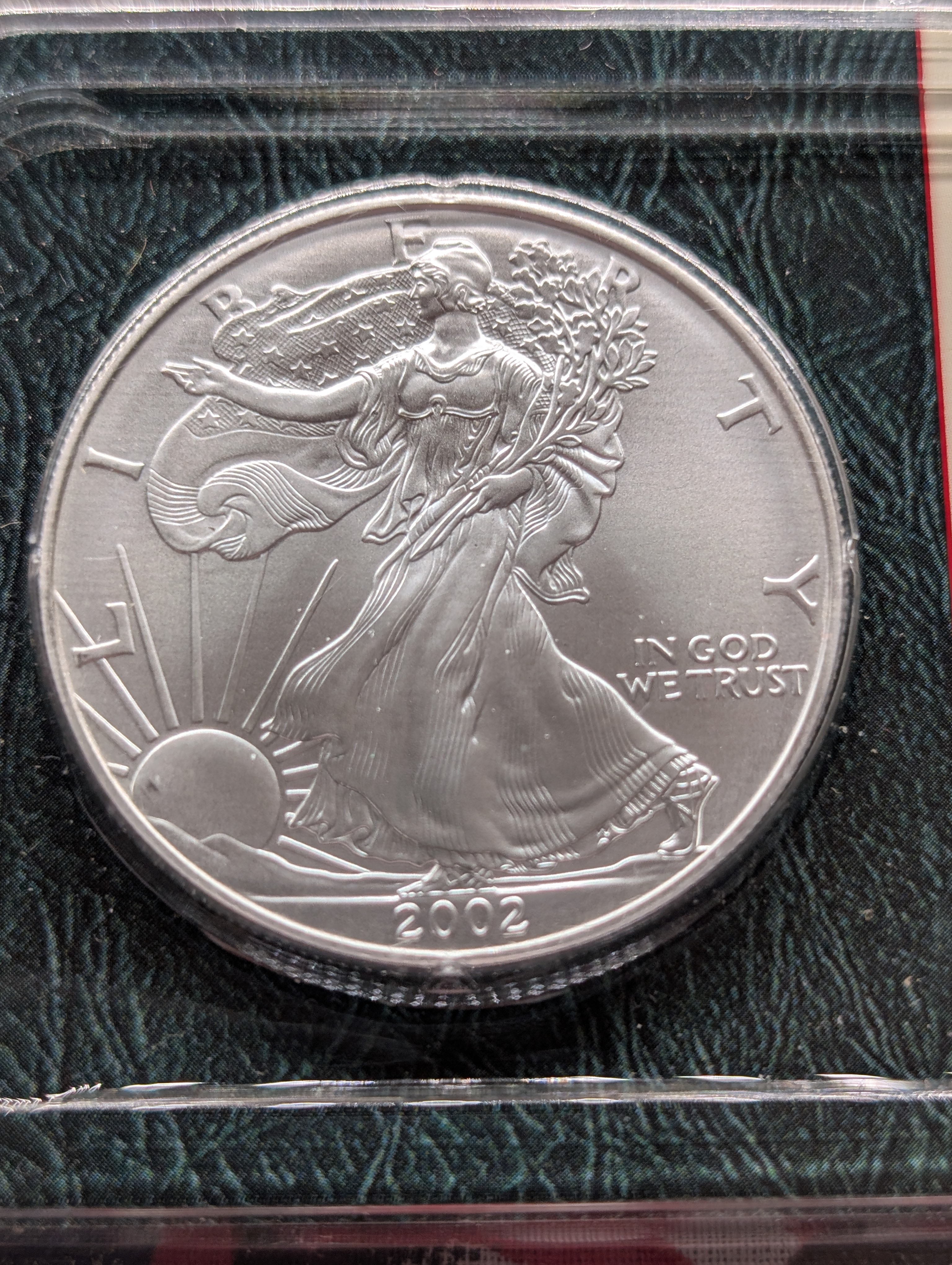 2002 American Silver Eagle In Littleton Plastic Holder, 99.9% Silver, One Troy Ounce