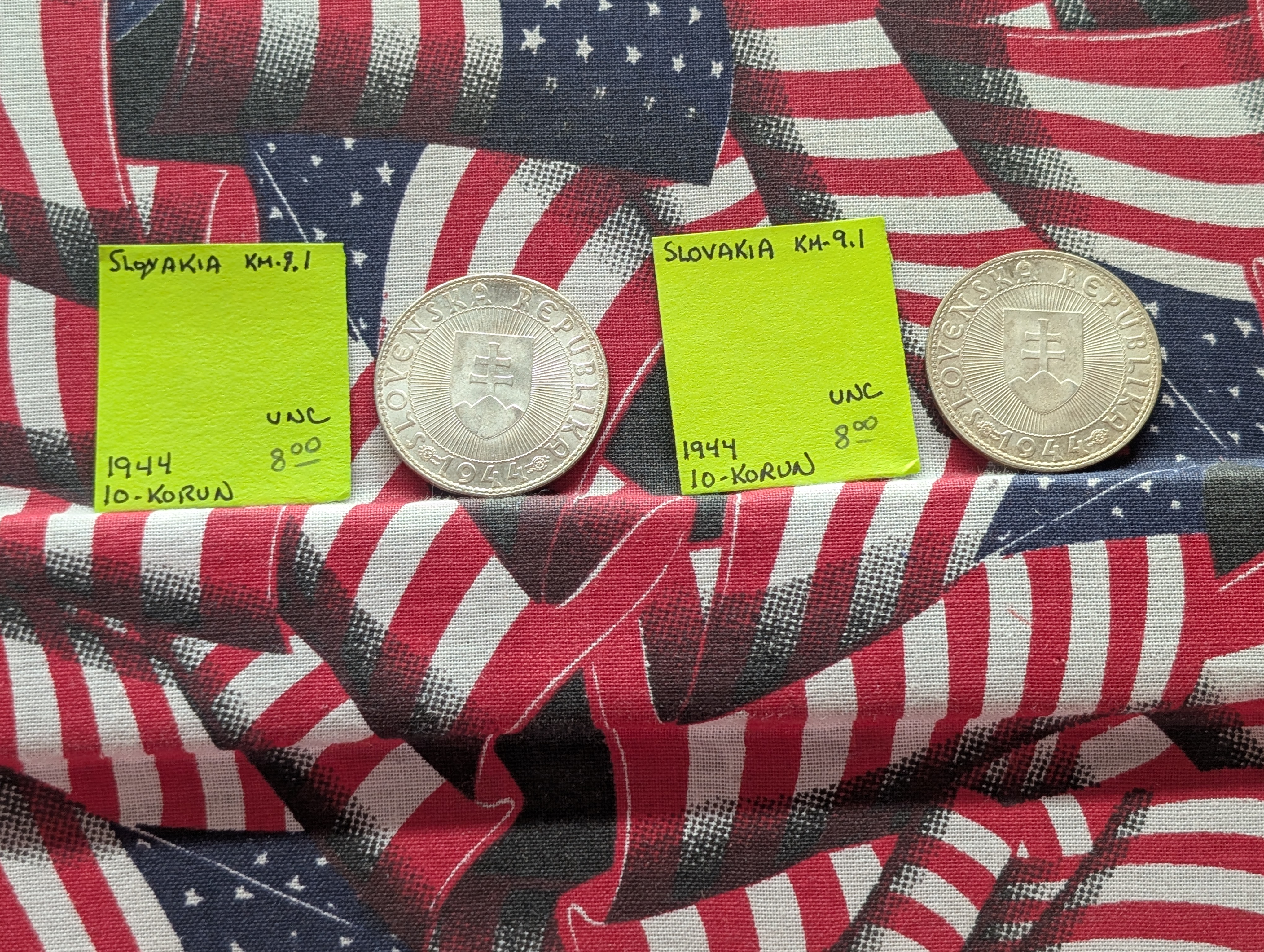 (2) 1944 Slovakia 10 Korun Coins, 50% Silver, 7g each
