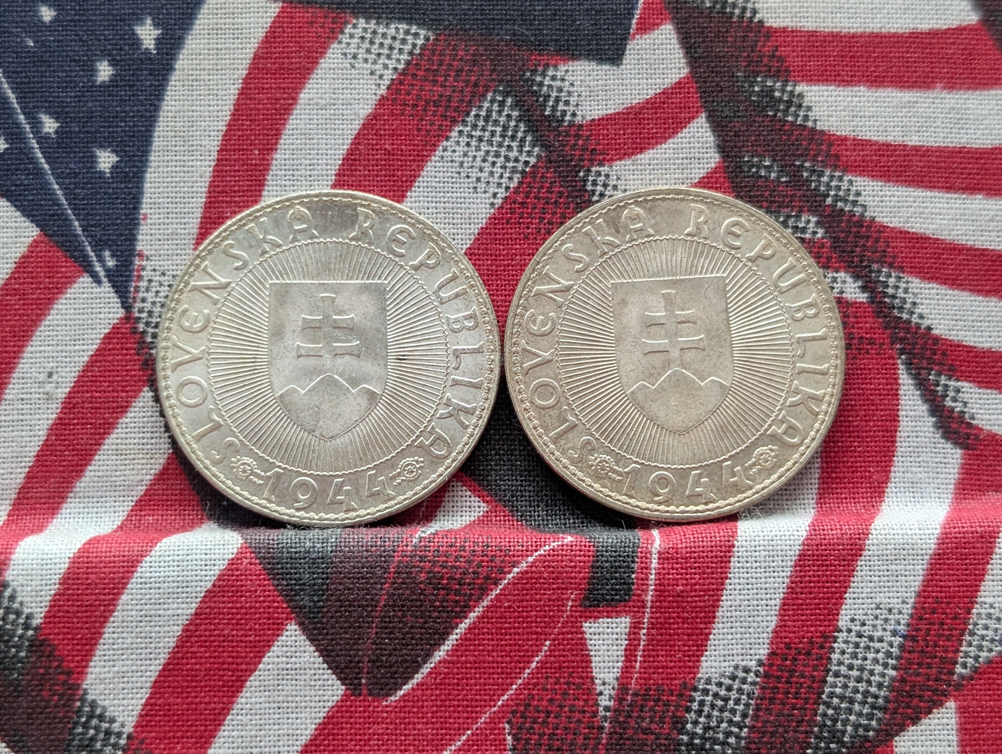 (2) 1944 Slovakia 10 Korun Coins, 50% Silver, 7g each