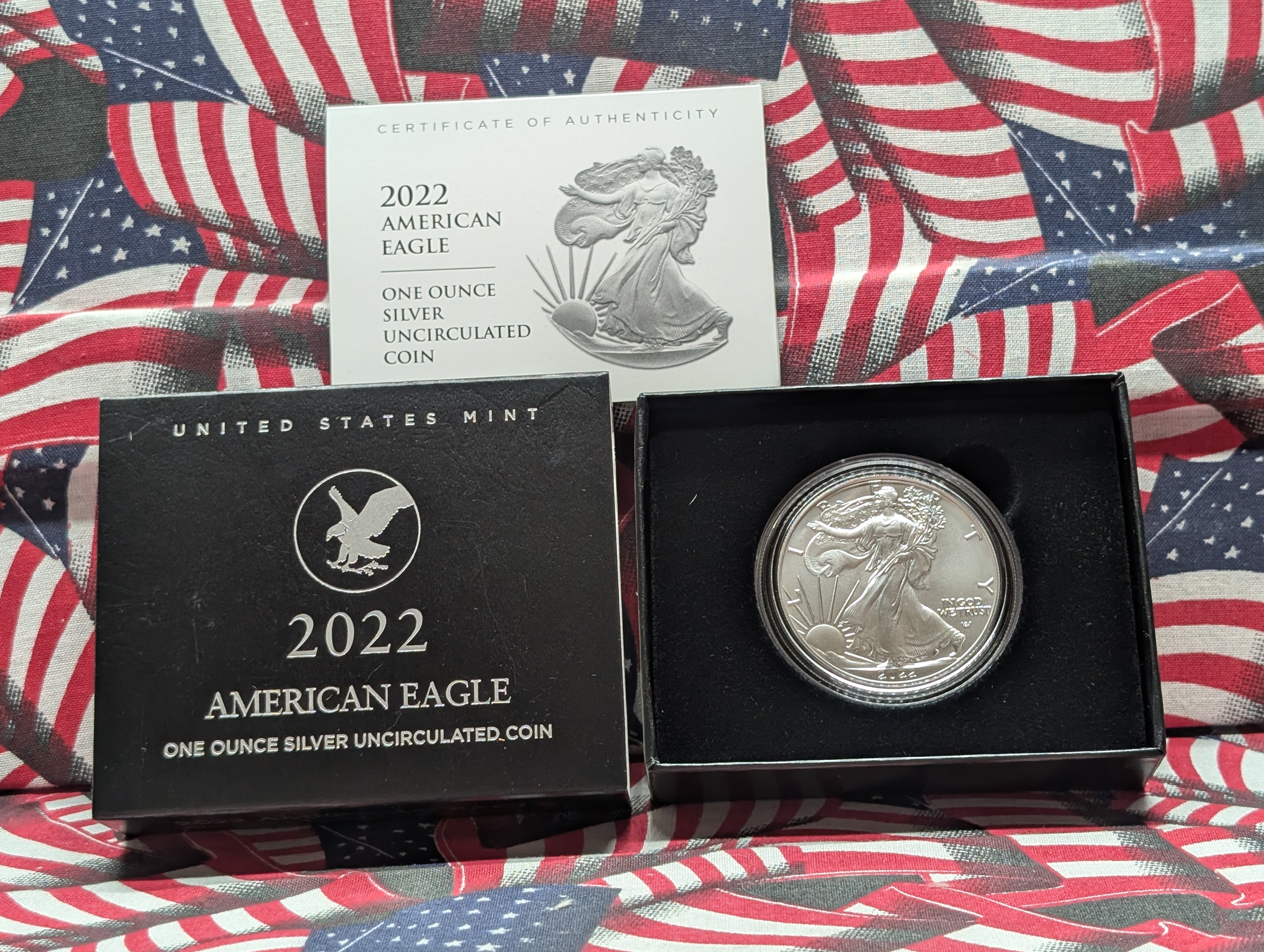 2022-W American Silver Eagle Type 2, 99.9% Silver, One Troy Ounce Silver Uncirculated Coin In OGP With COA,