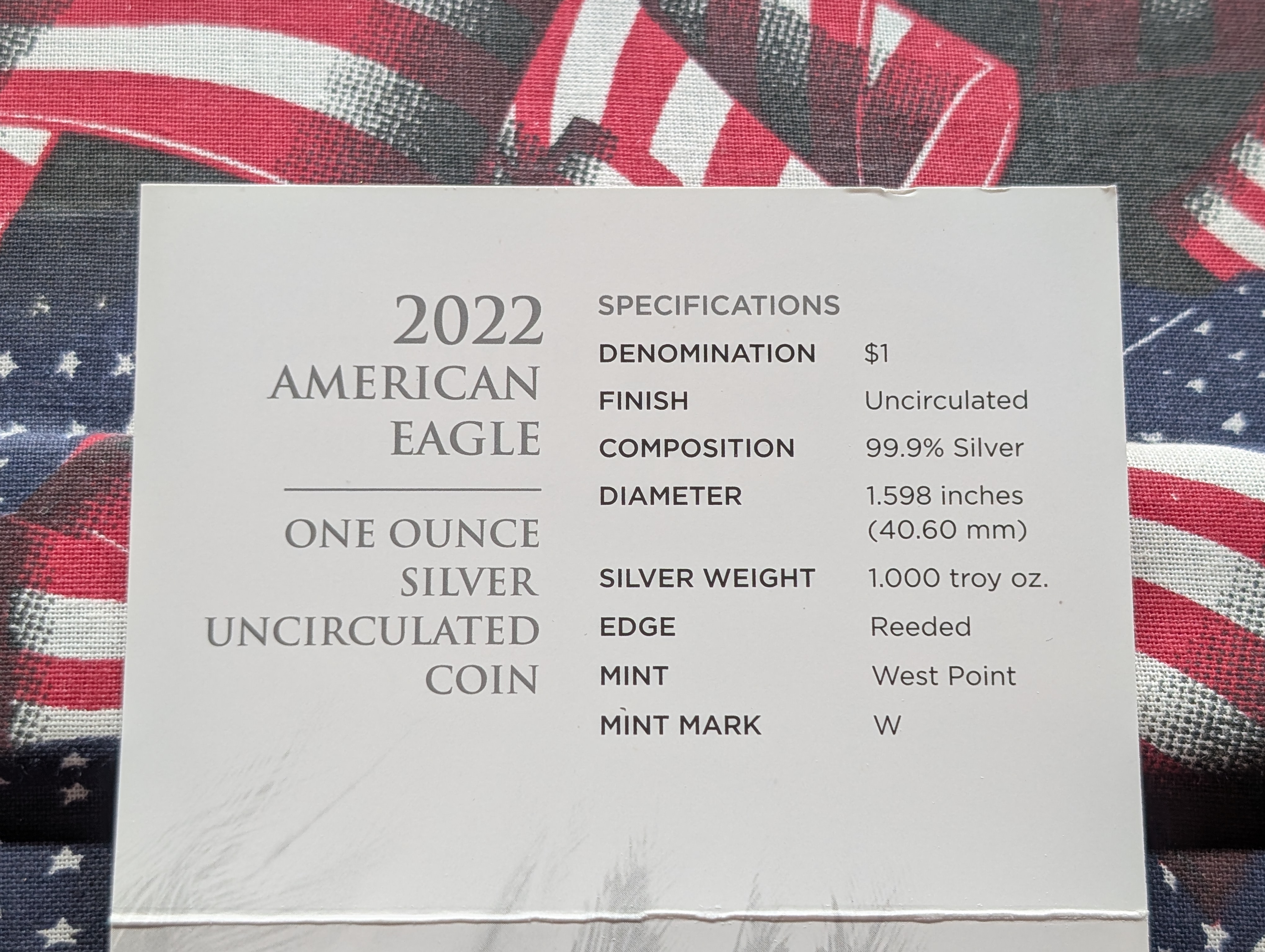 2022-W American Silver Eagle Type 2, 99.9% Silver, One Troy Ounce Silver Uncirculated Coin In OGP With COA,