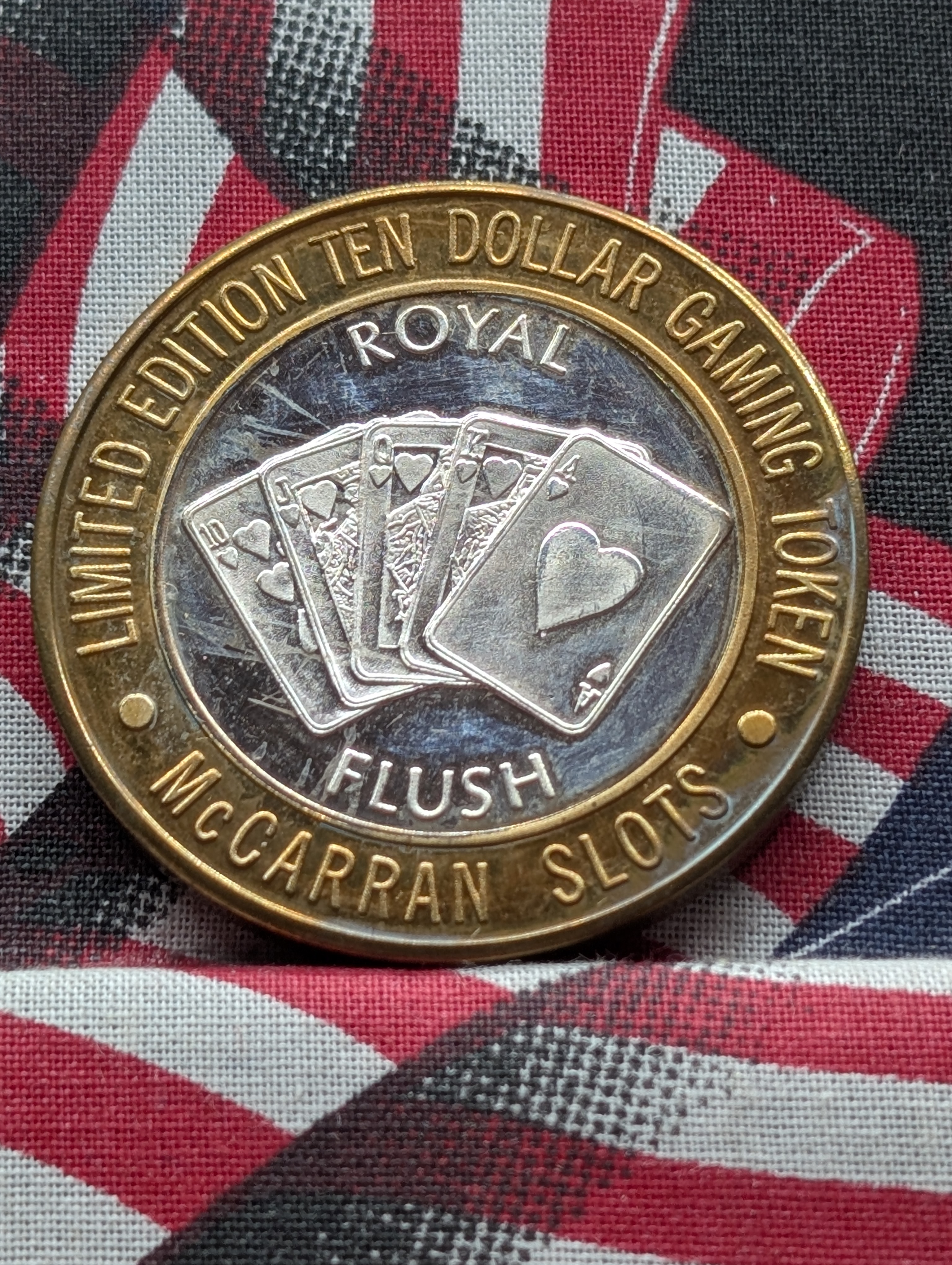 Royal Flush, McCarran International Airport Ten Dollar Gaming Token, .999 Fine Silver Center