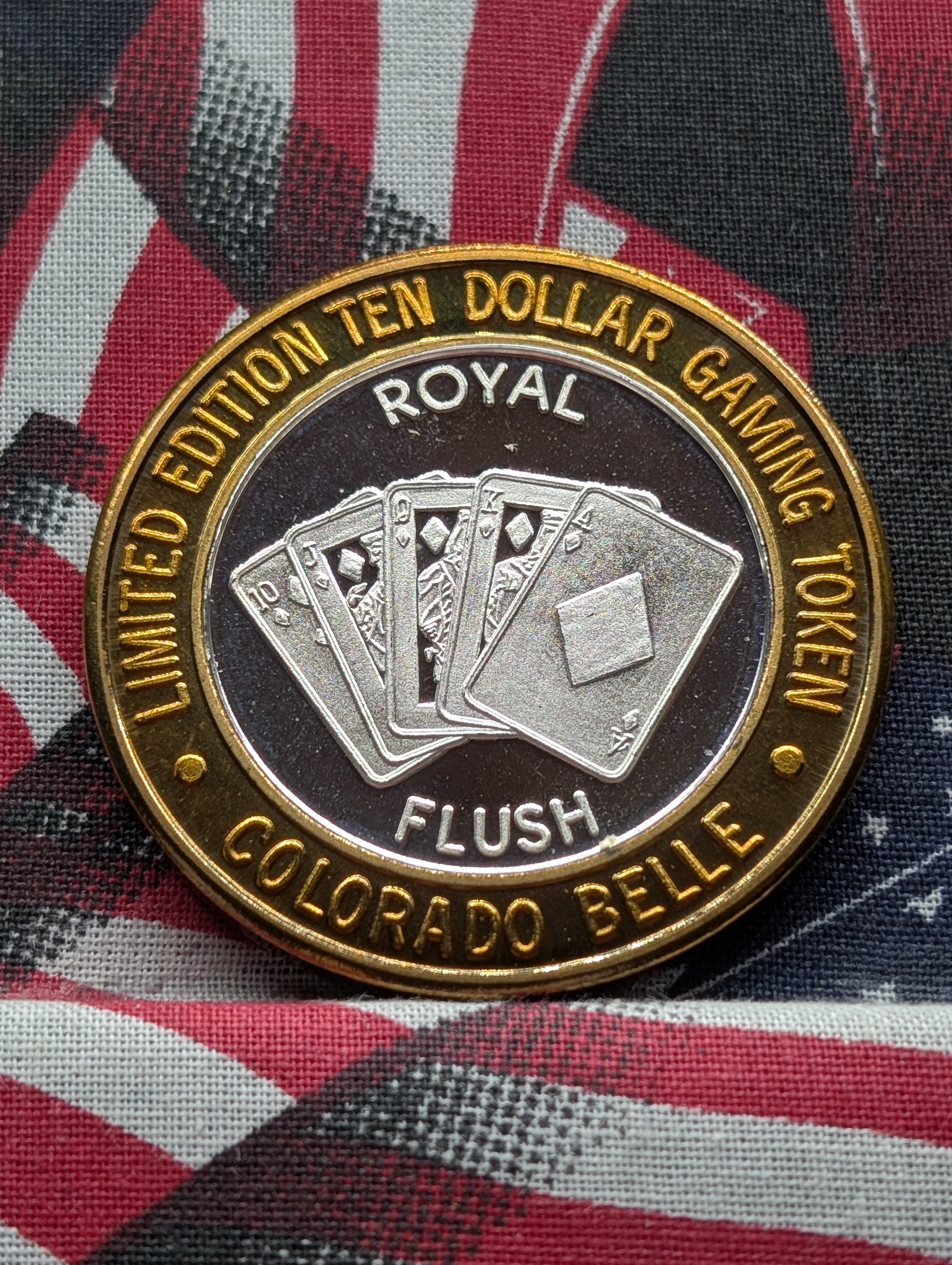 Royal Flush, Colorado Belle Ten Dollar Gaming Token, .999 Fine Silver Center
