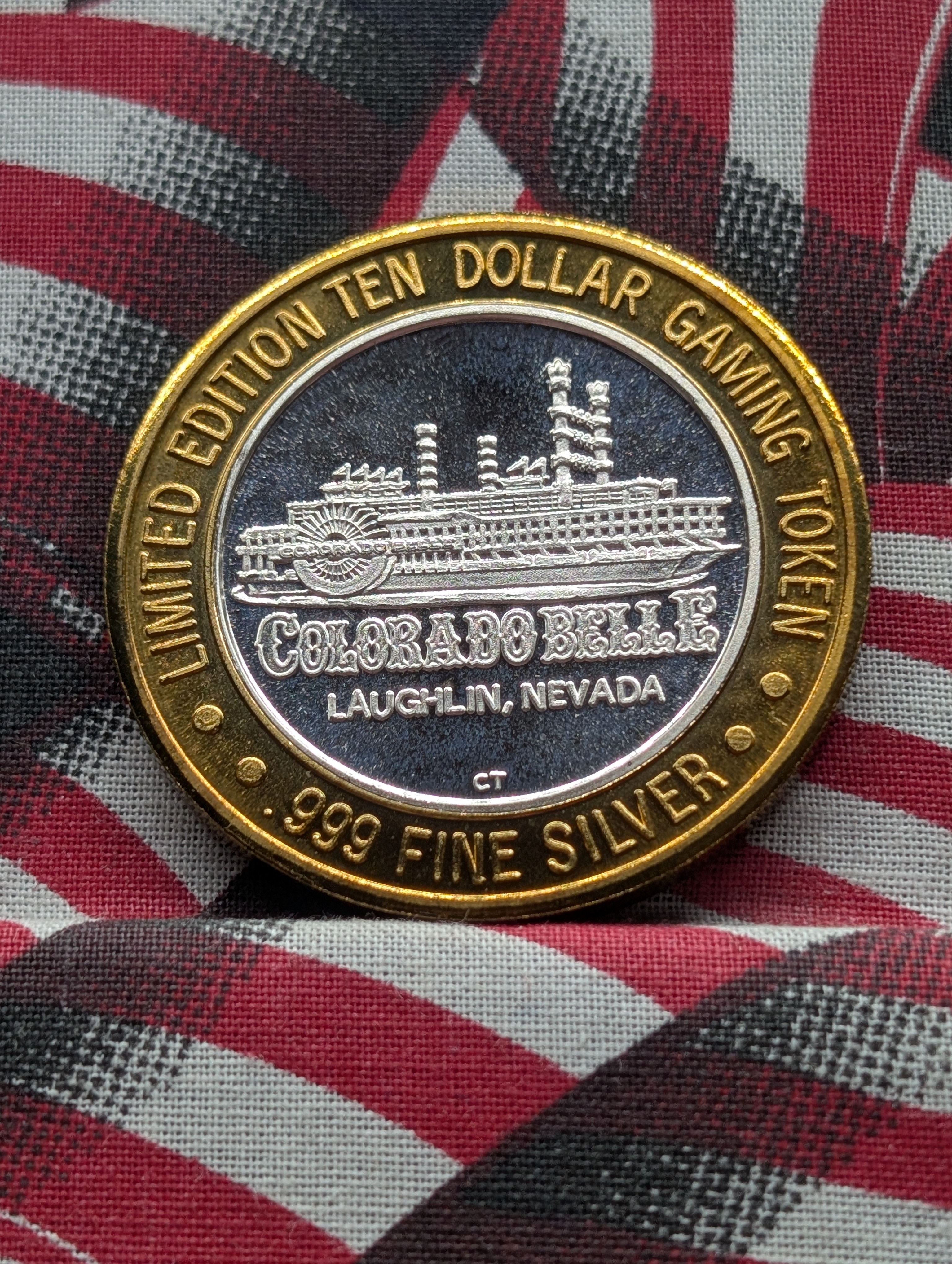 Royal Flush, Colorado Belle Ten Dollar Gaming Token, .999 Fine Silver Center