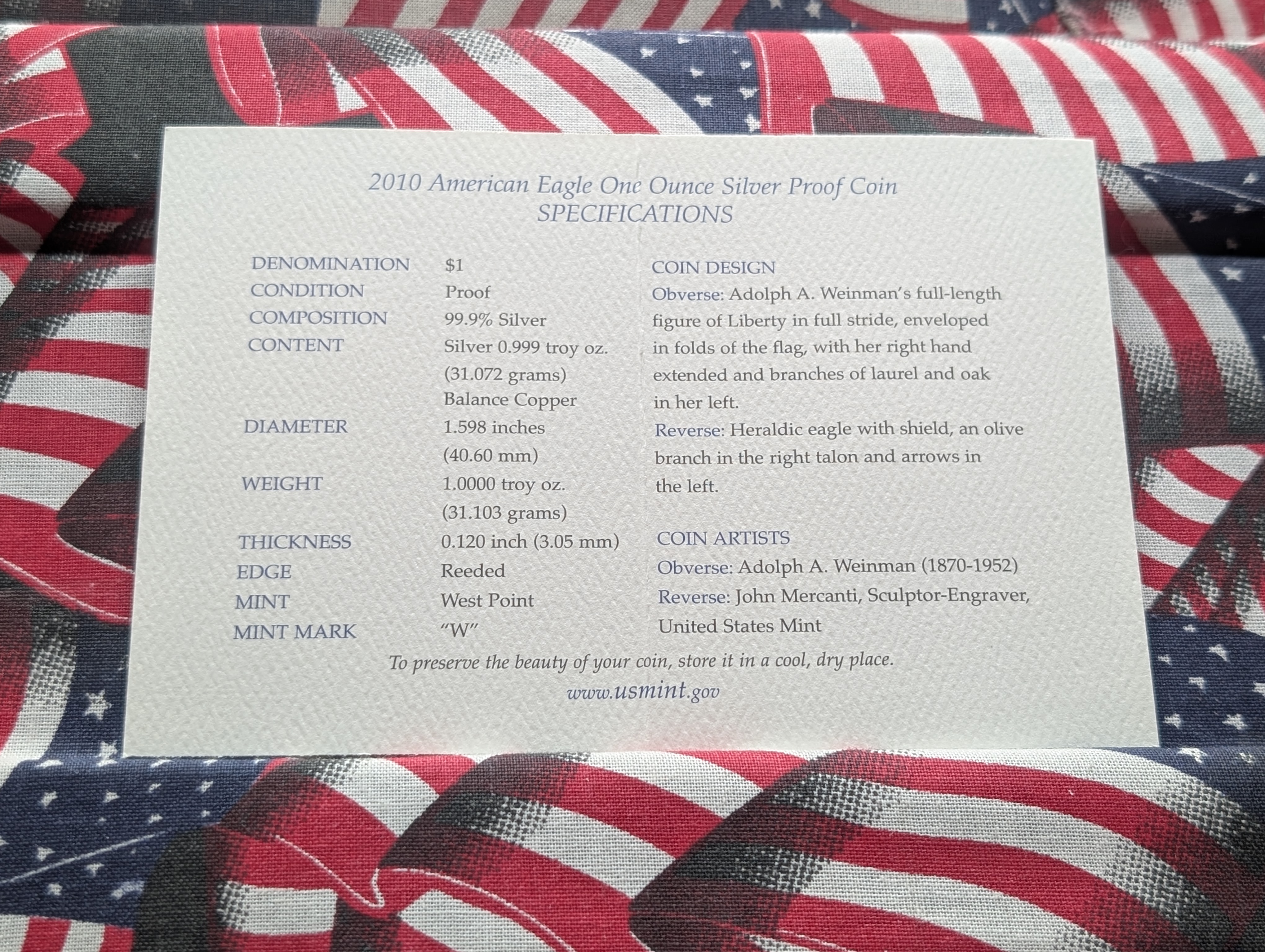 2010-W American Silver Eagle, .999 Silver, One Troy Ounce Silver Proof Coin In OGP With COA,