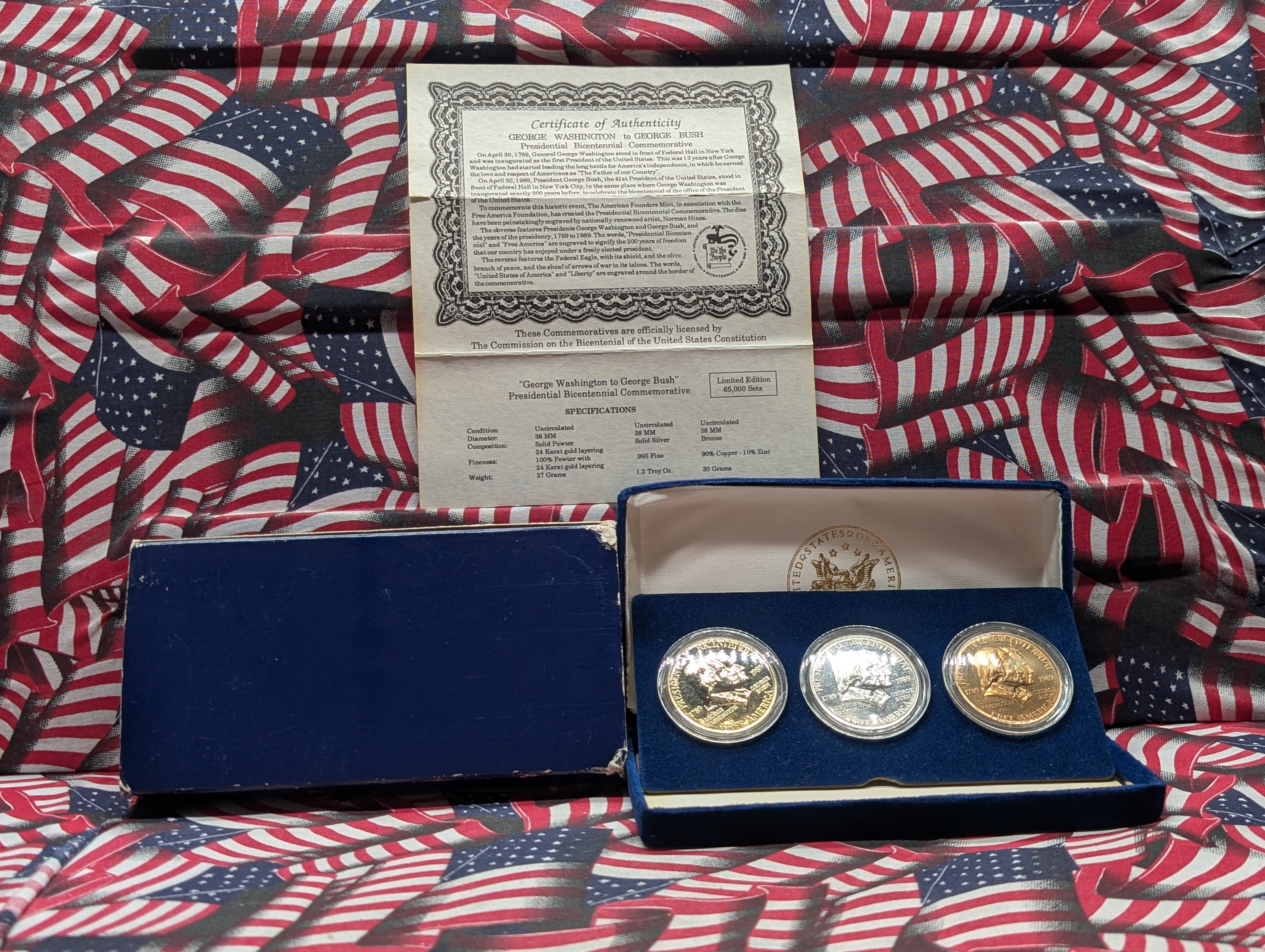 George Washington To George Bush Presidential Bicentennial Commemoratives, One Pewter, One Bronze, One 1.2 Troy oz. .995 Fine Silver In OGP