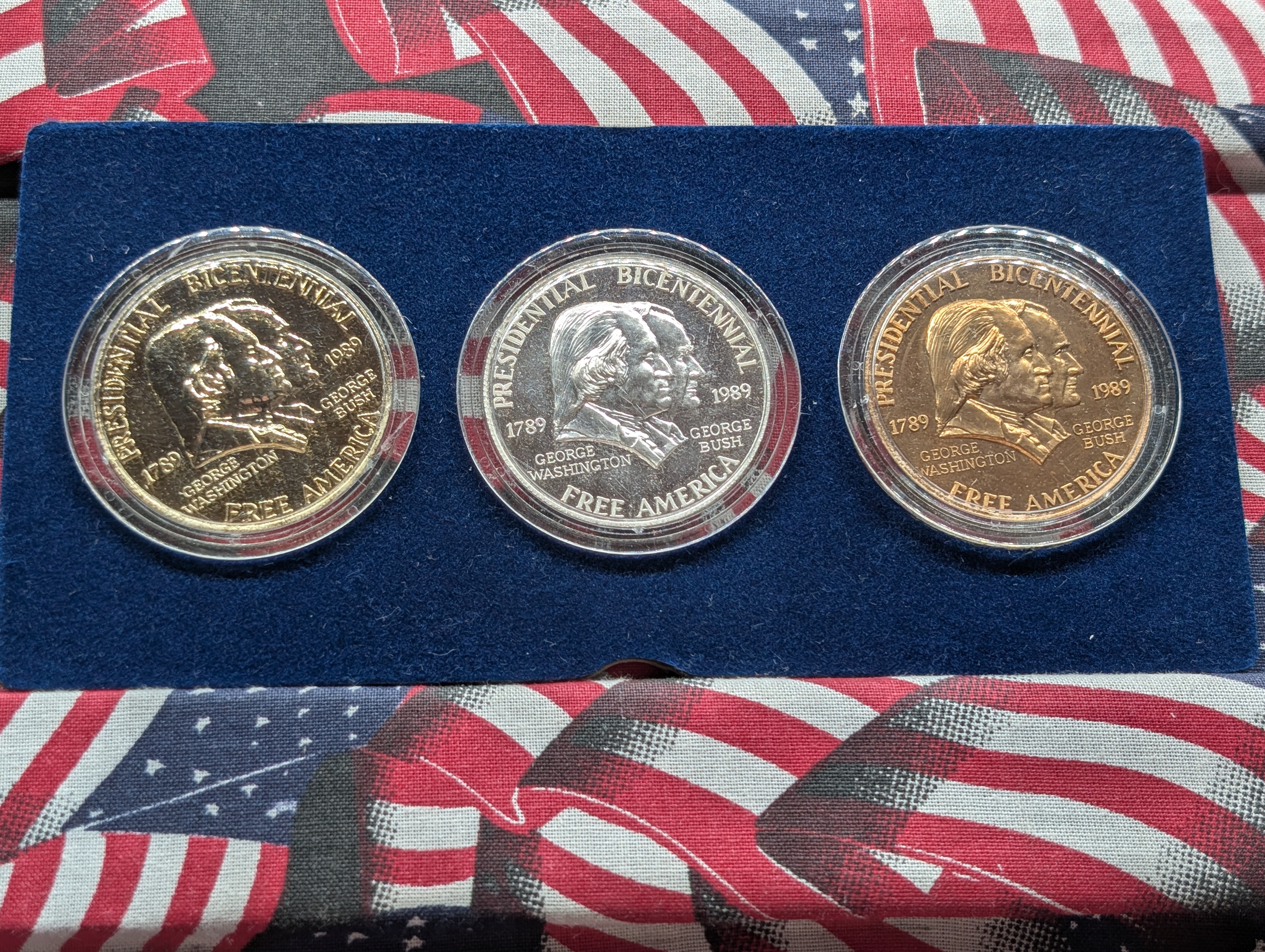 George Washington To George Bush Presidential Bicentennial Commemoratives, One Pewter, One Bronze, One 1.2 Troy oz. .995 Fine Silver In OGP