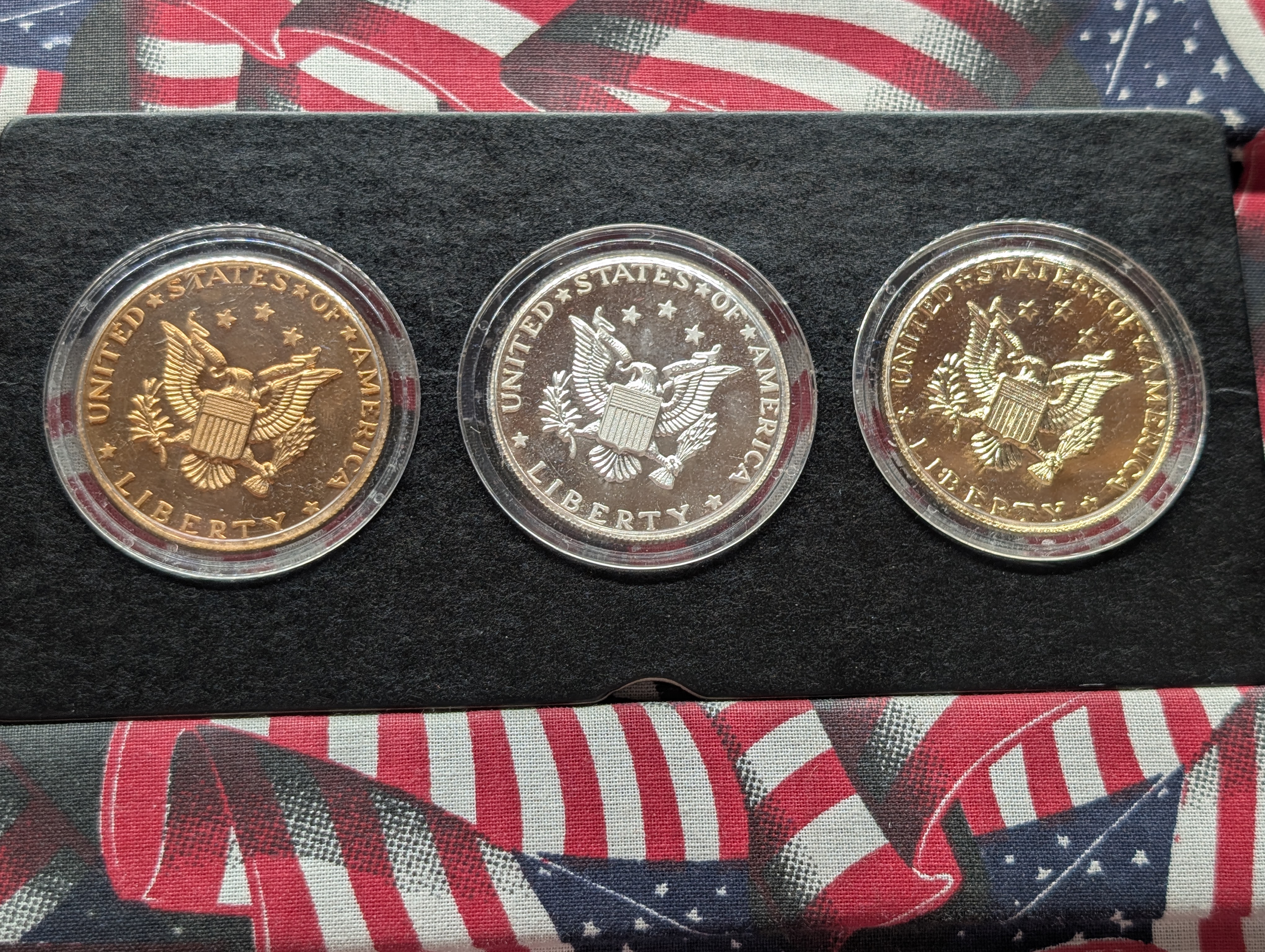 George Washington To George Bush Presidential Bicentennial Commemoratives, One Pewter, One Bronze, One 1.2 Troy oz. .995 Fine Silver In OGP