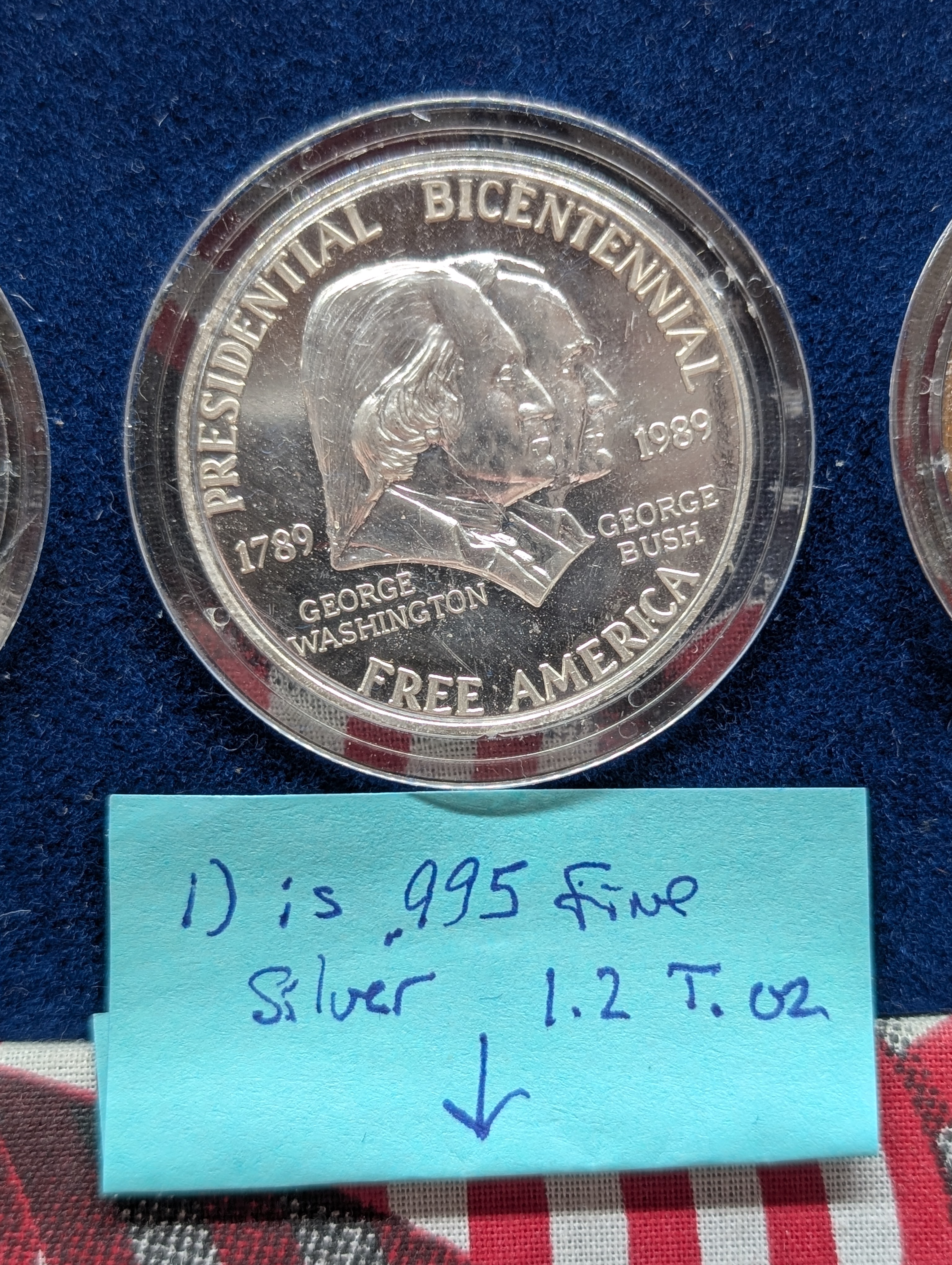 George Washington To George Bush Presidential Bicentennial Commemoratives, One Pewter, One Bronze, One 1.2 Troy oz. .995 Fine Silver In OGP