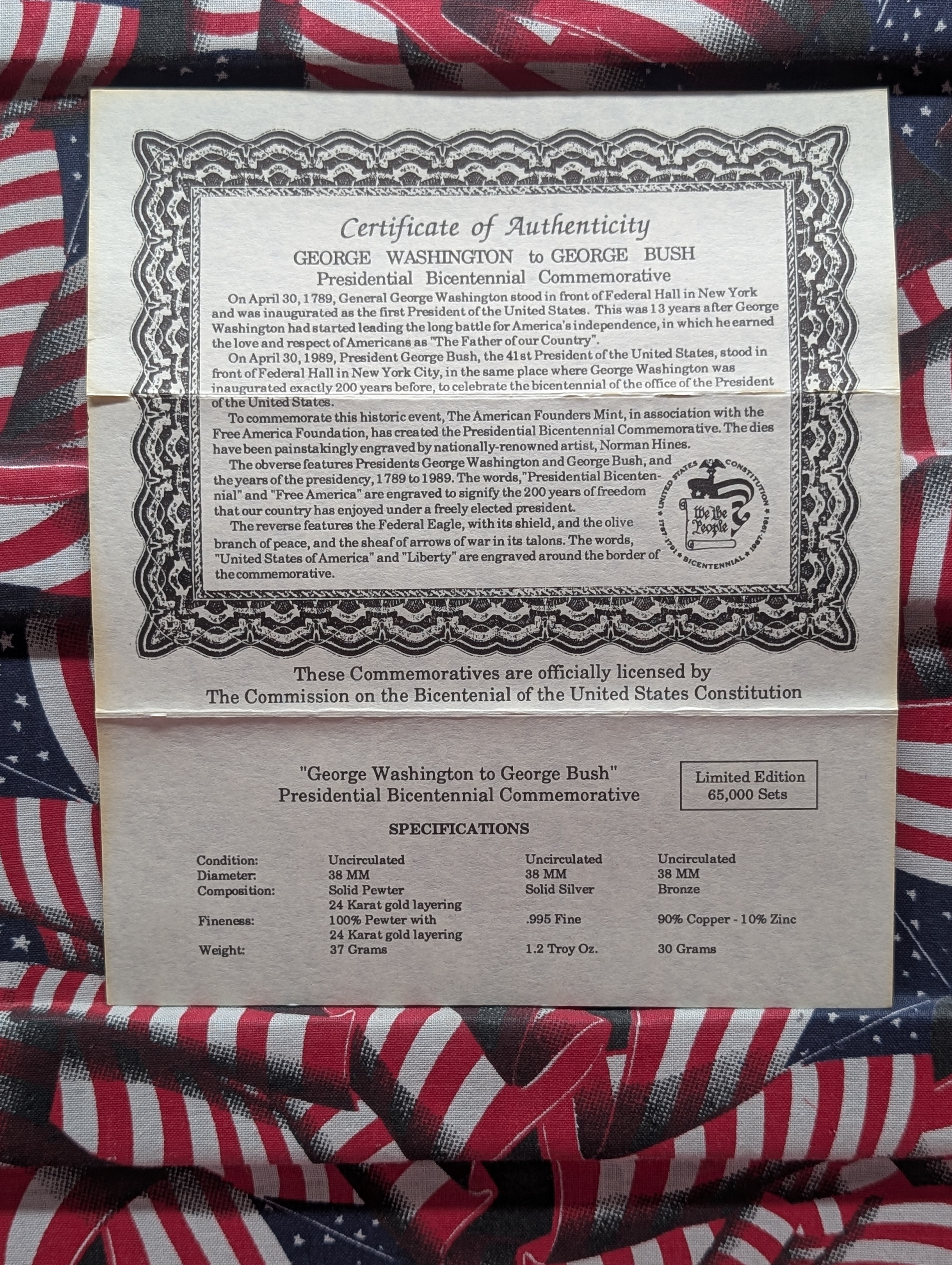 George Washington To George Bush Presidential Bicentennial Commemoratives, One Pewter, One Bronze, One 1.2 Troy oz. .995 Fine Silver In OGP