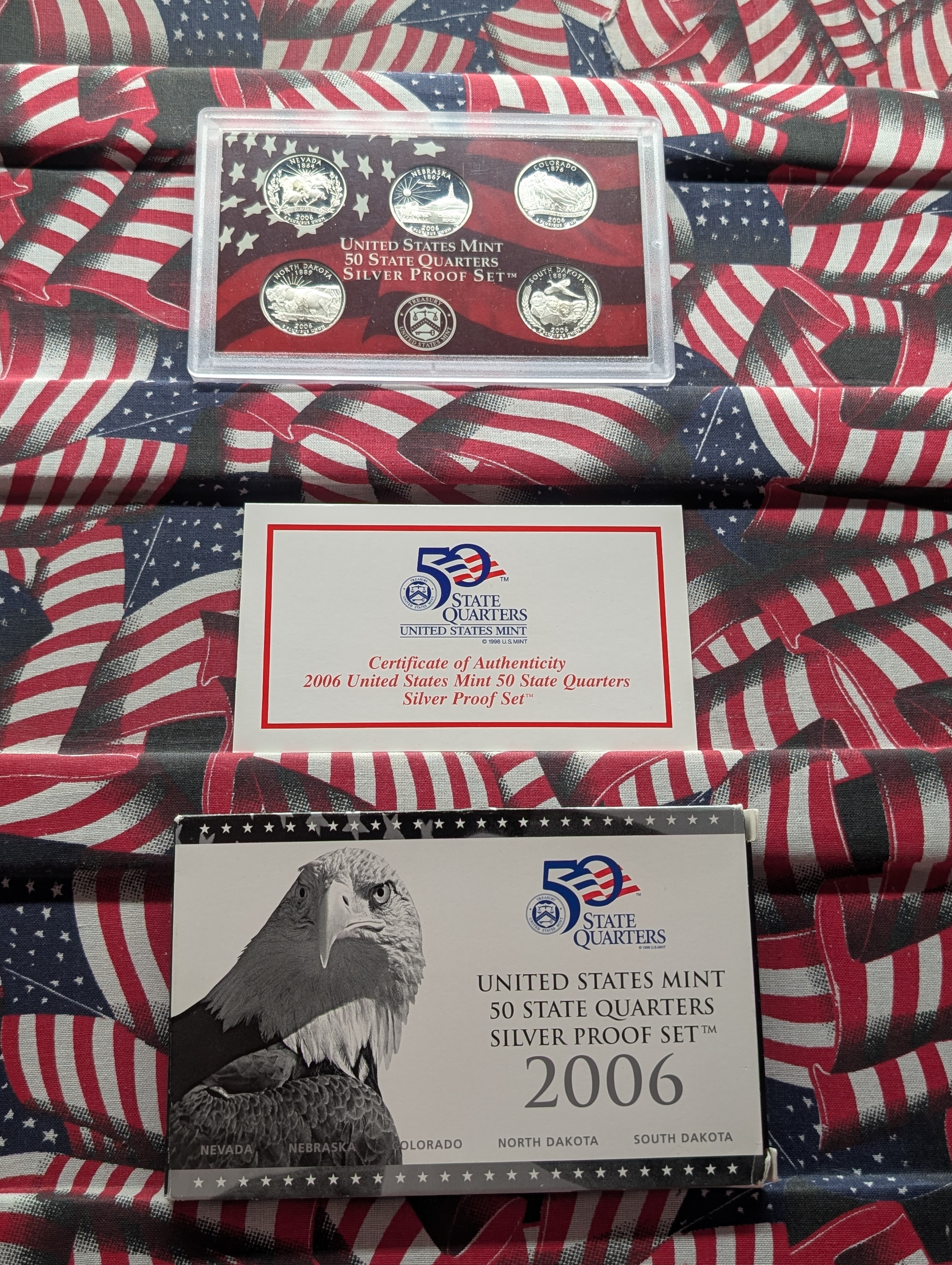2006-S U.S. Mint Fifty State Quarters Silver Proof Set In OGP With COA, Five 90% Silver Coins