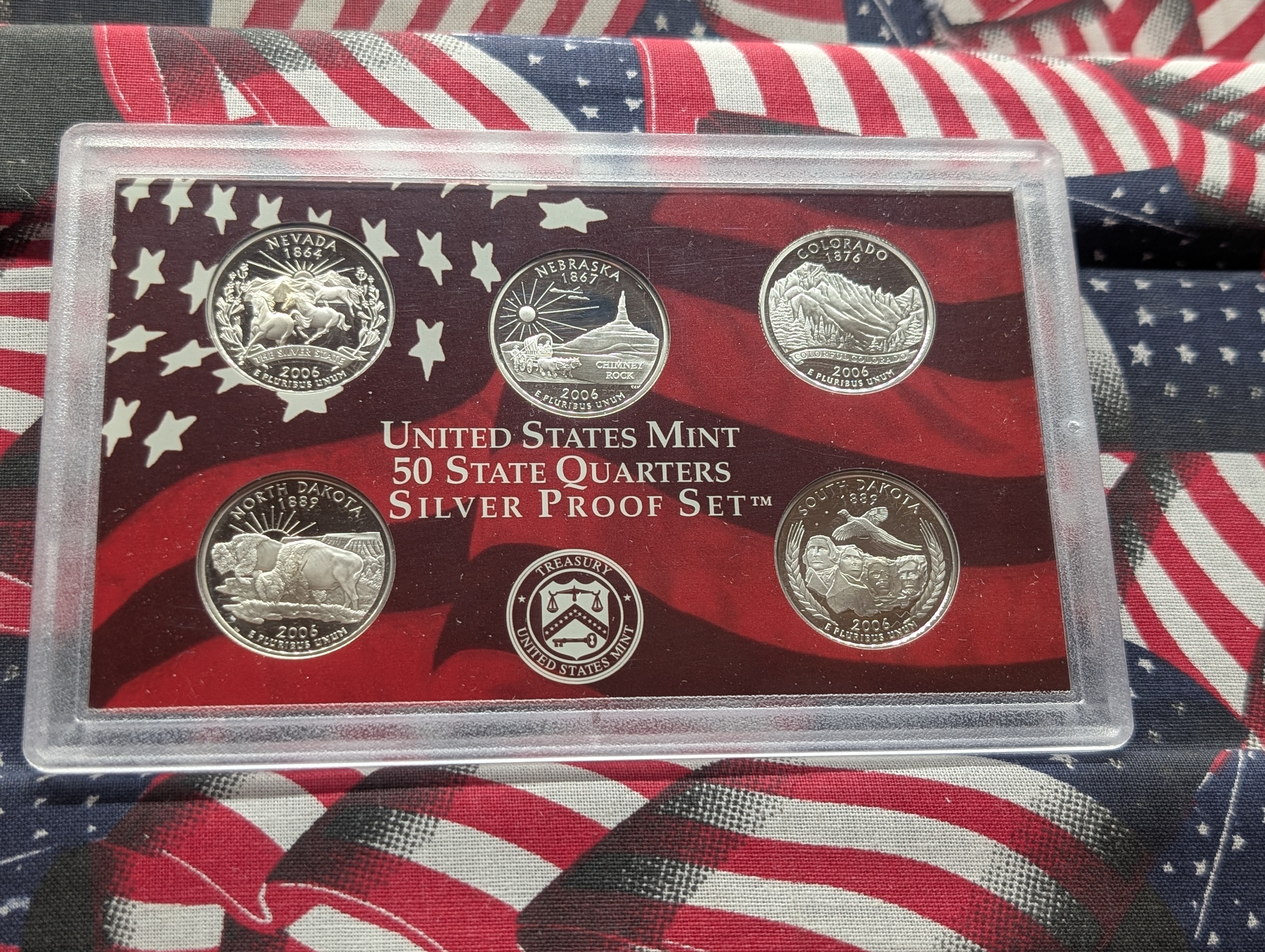 2006-S U.S. Mint Fifty State Quarters Silver Proof Set In OGP With COA, Five 90% Silver Coins