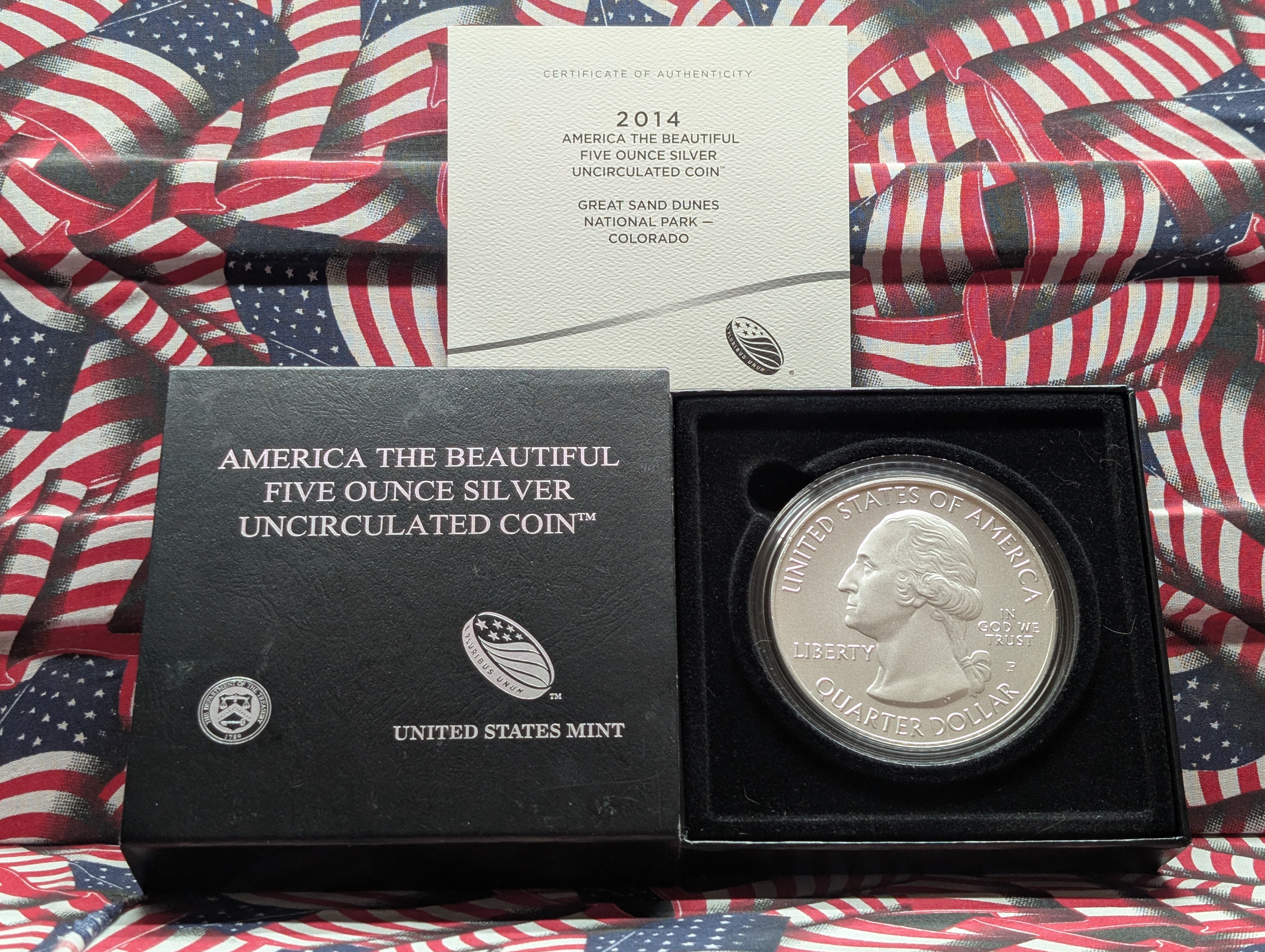 2014-P Colorado, Great Sand Dunes National Park America The Beautiful Five Troy Ounces 99.9% Silver Uncirculated Coin In OGP With COA,