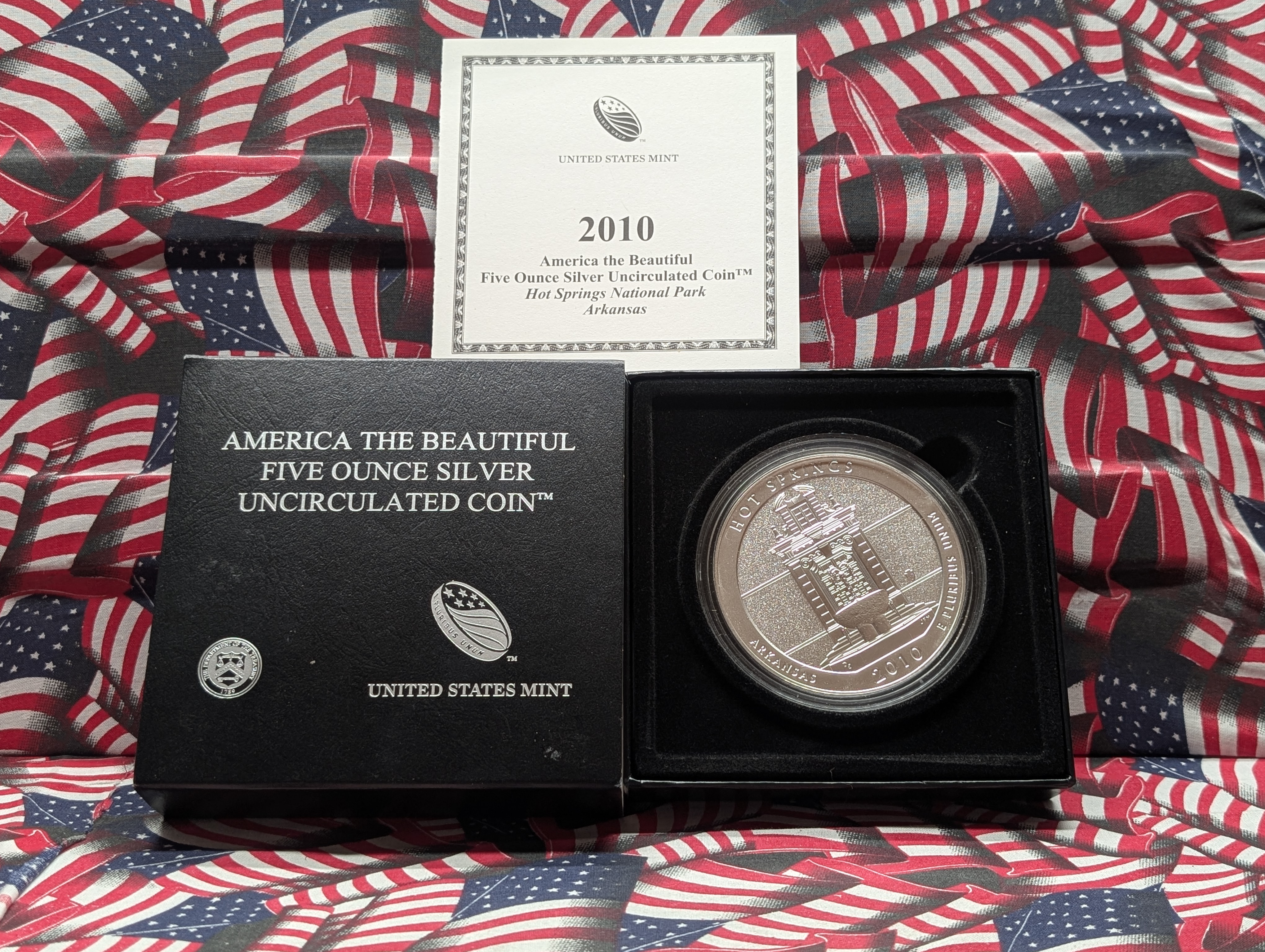 2010-P Arkansas, Hot Springs National Park America The Beautiful Five Troy Ounces 99.9% Silver Uncirculated Coin In OGP With COA,