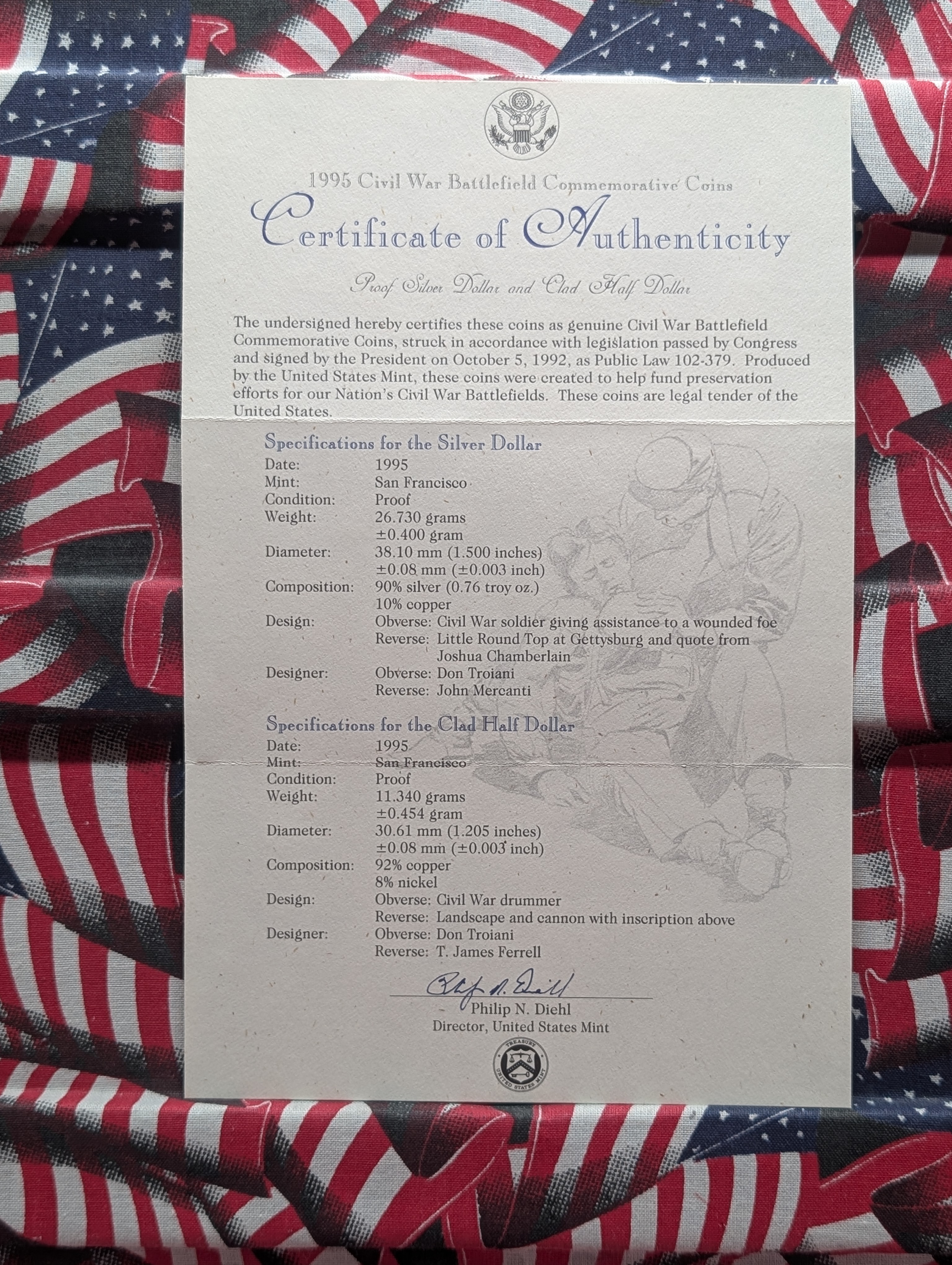 1995-S Civil War Battlefield Commemorative Coins In OGP With COA, 90% Silver One Dollar, Clad Half Dollar
