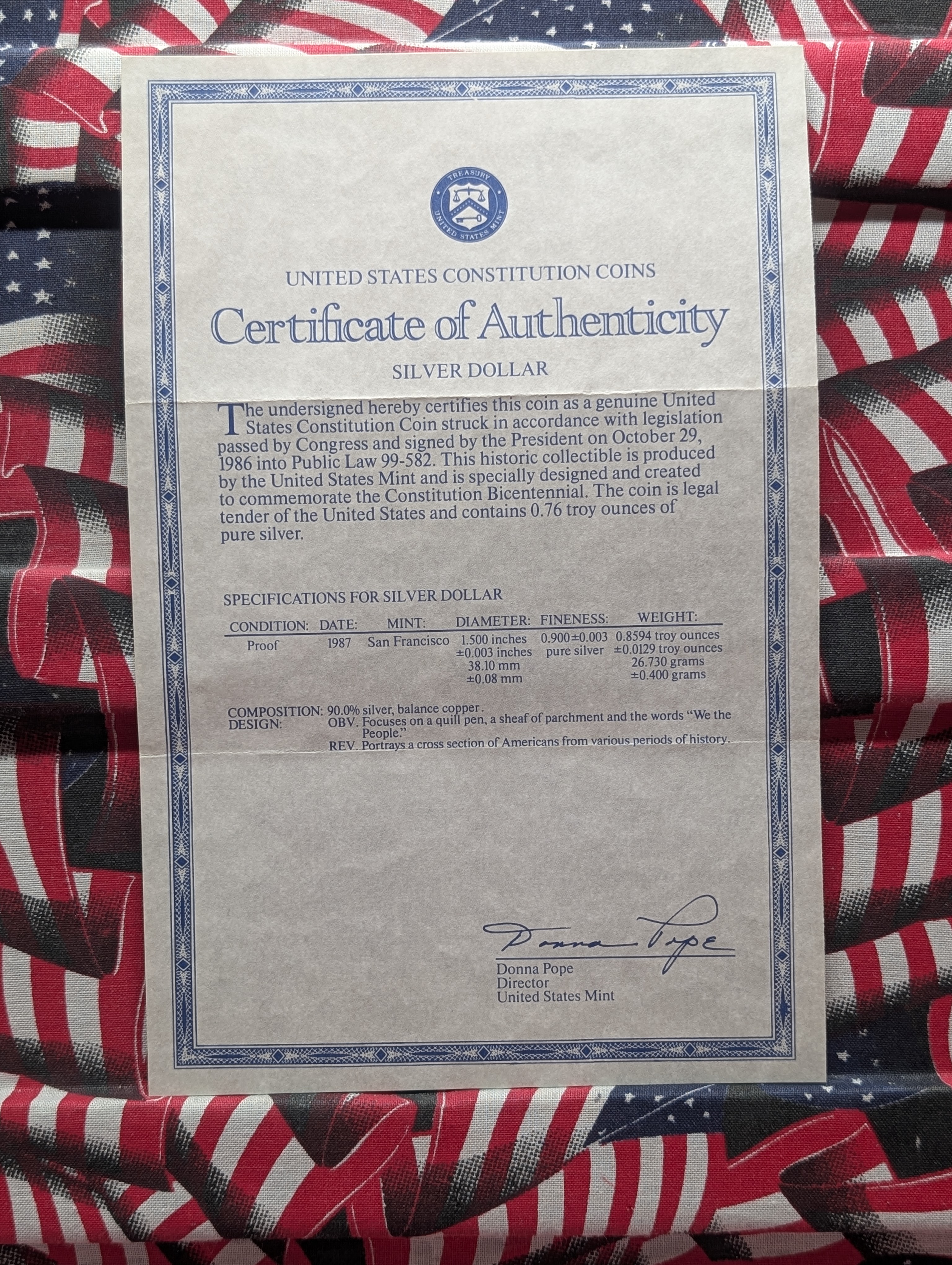 1987-S U.S. Constitution Coin In OGP With COA, 90% Silver