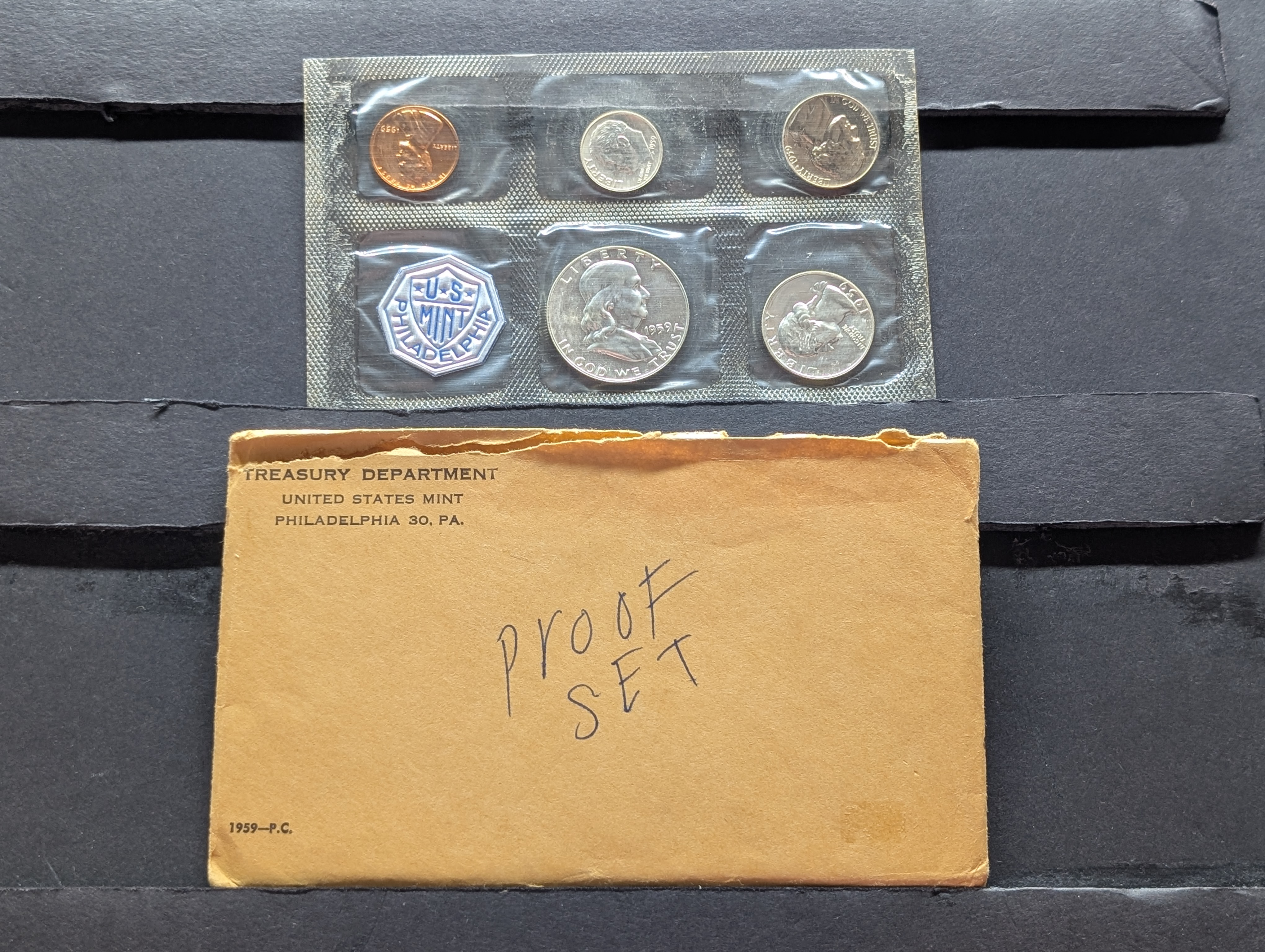 1959-P U.S. Proof Coin Set In OGP, Three 90% Silver Coins