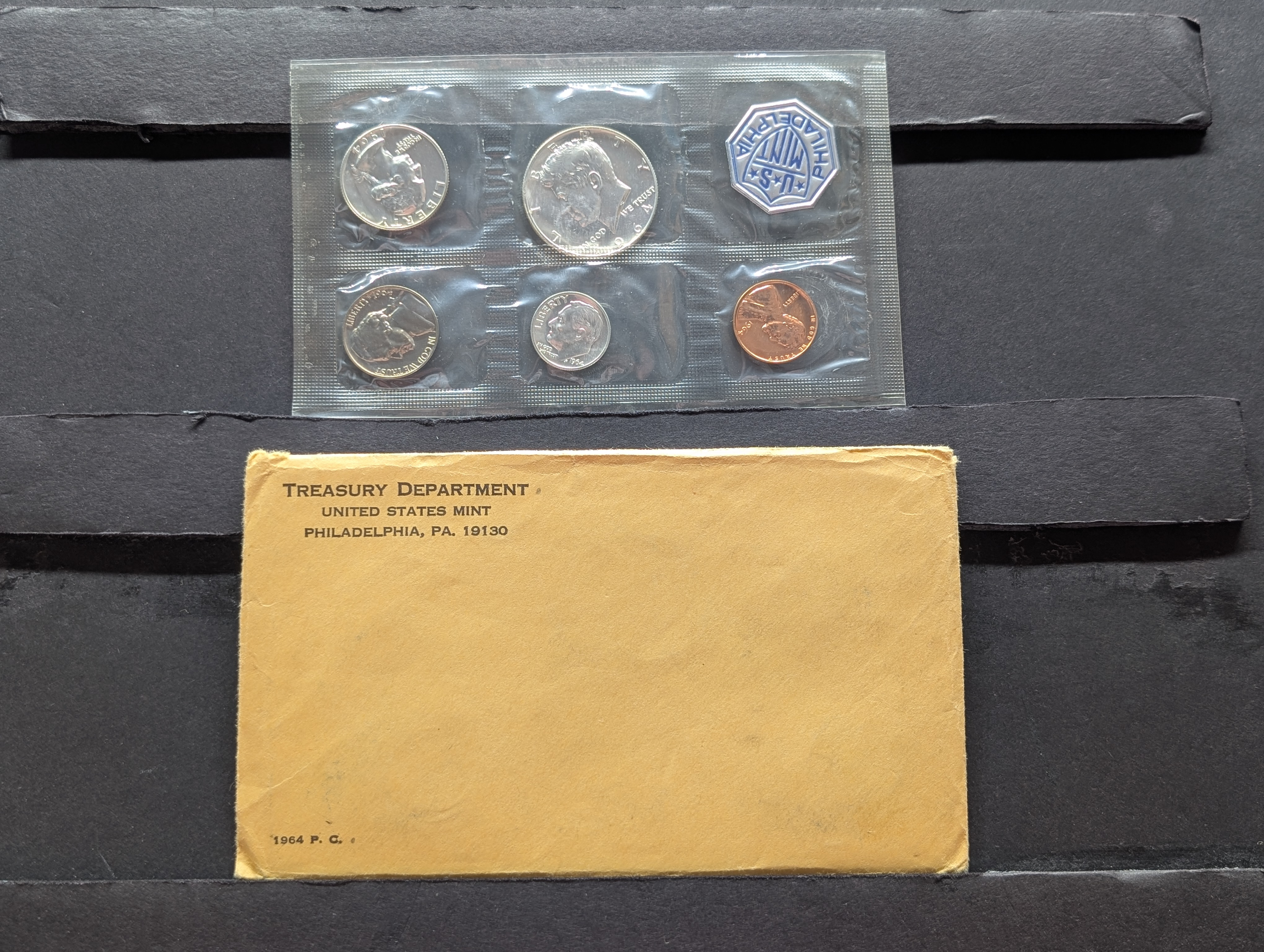 1964-P U.S. Proof Coin Set In OGP, Three 90% Silver Coins