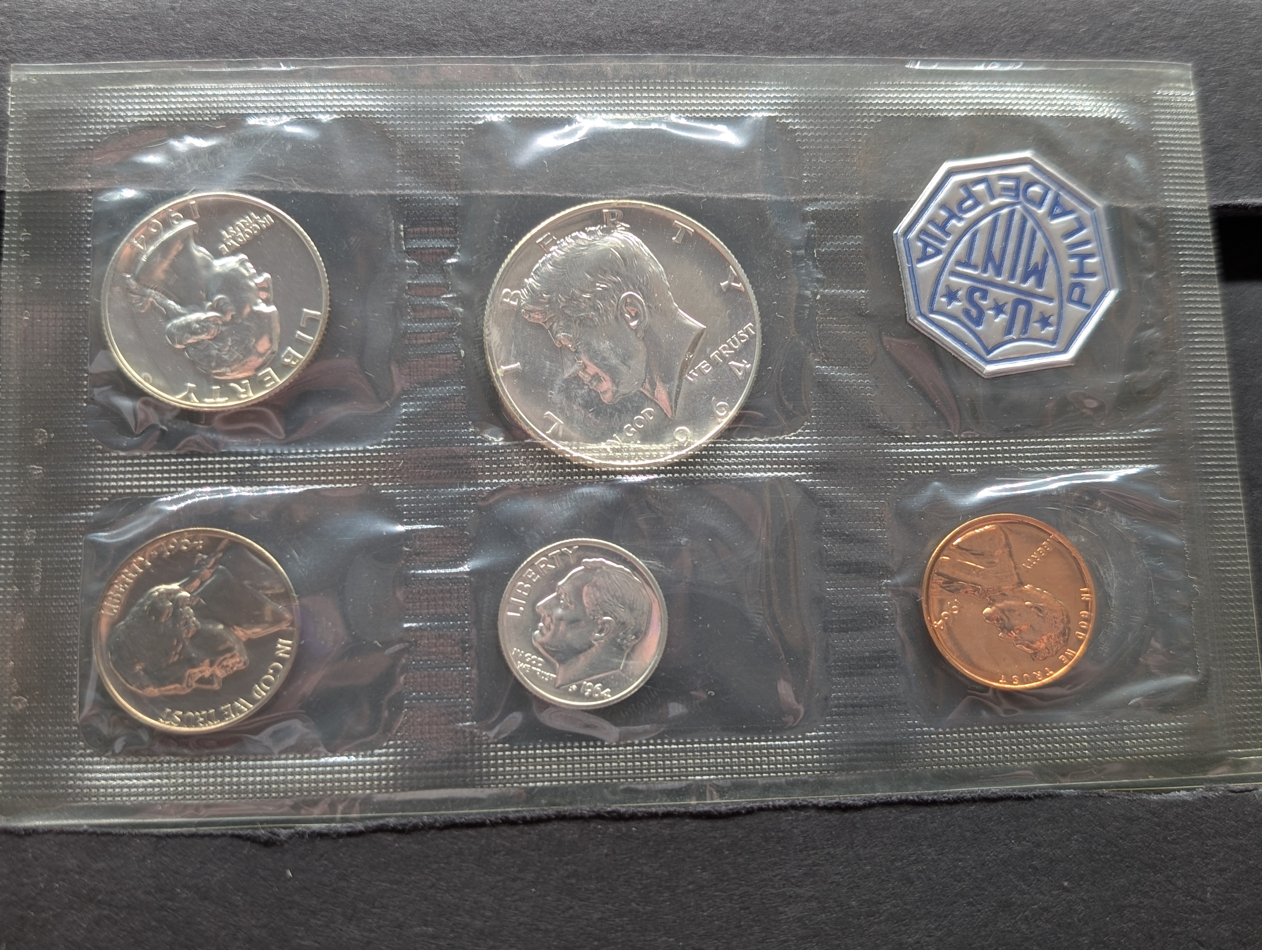 1964-P U.S. Proof Coin Set In OGP, Three 90% Silver Coins