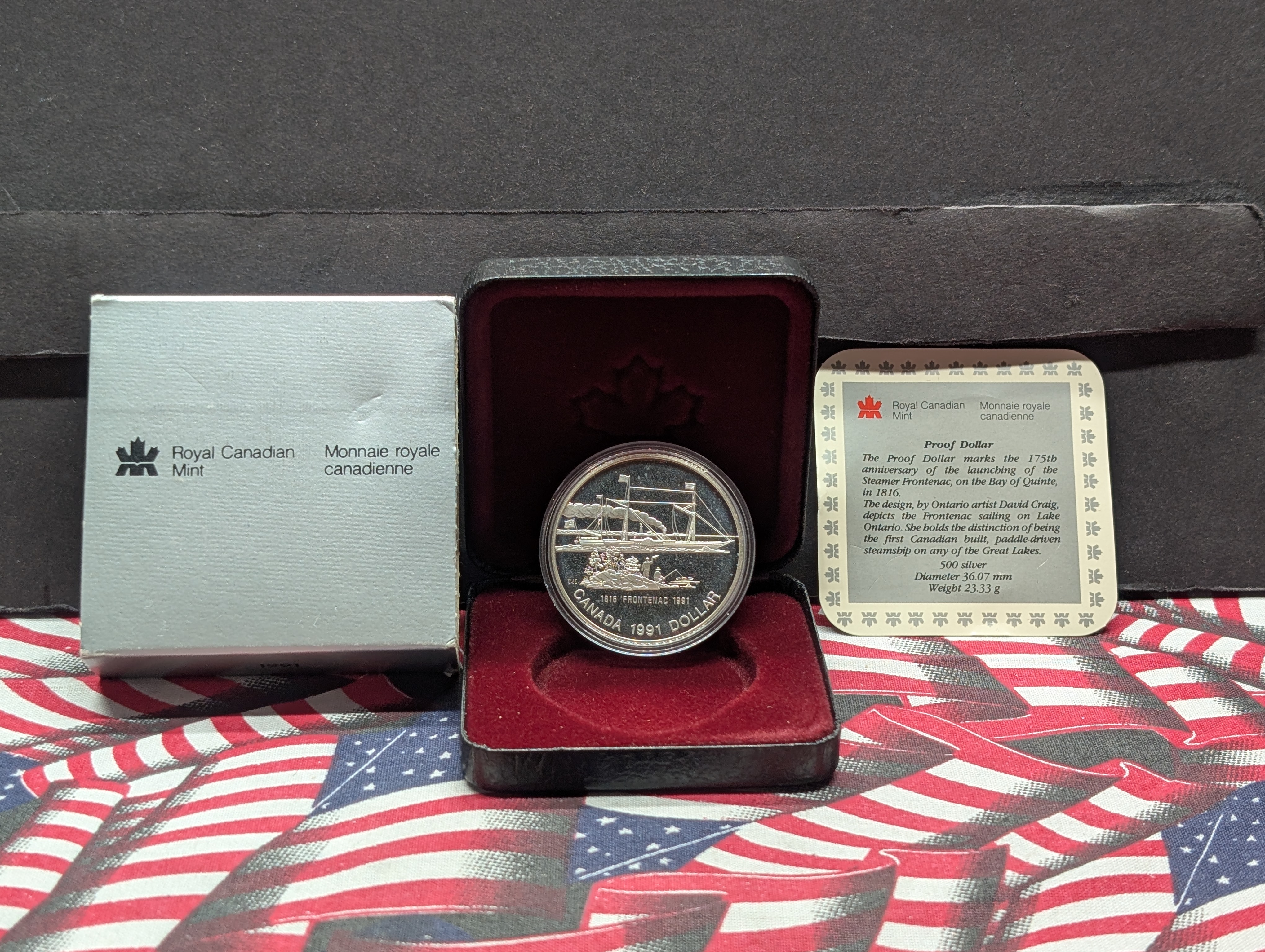 1991 Steamer Frontenac Canada Silver One Dollar, Royal Canadian Mint, 50% Silver, 23.33g