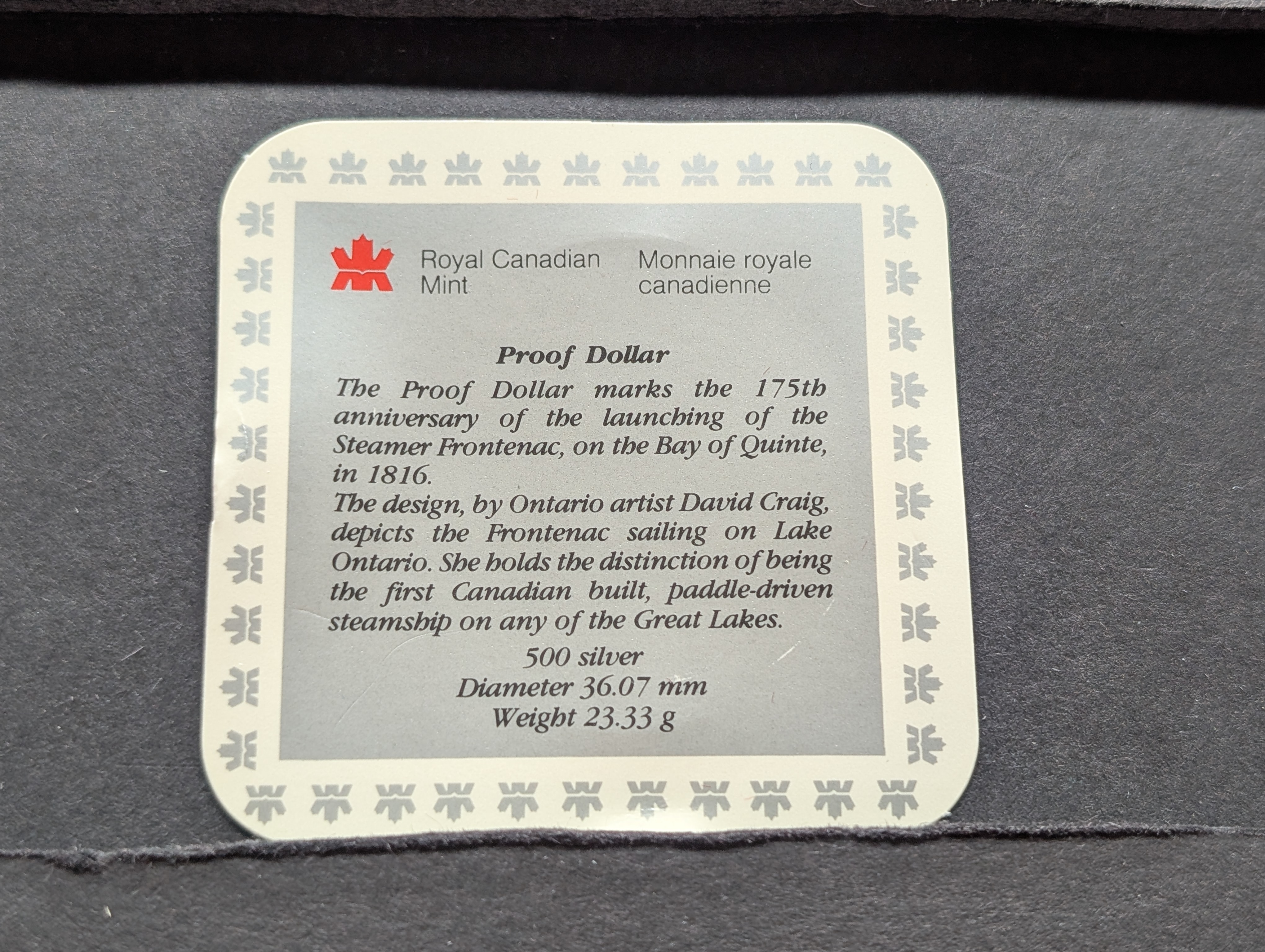1991 Steamer Frontenac Canada Silver One Dollar, Royal Canadian Mint, 50% Silver, 23.33g