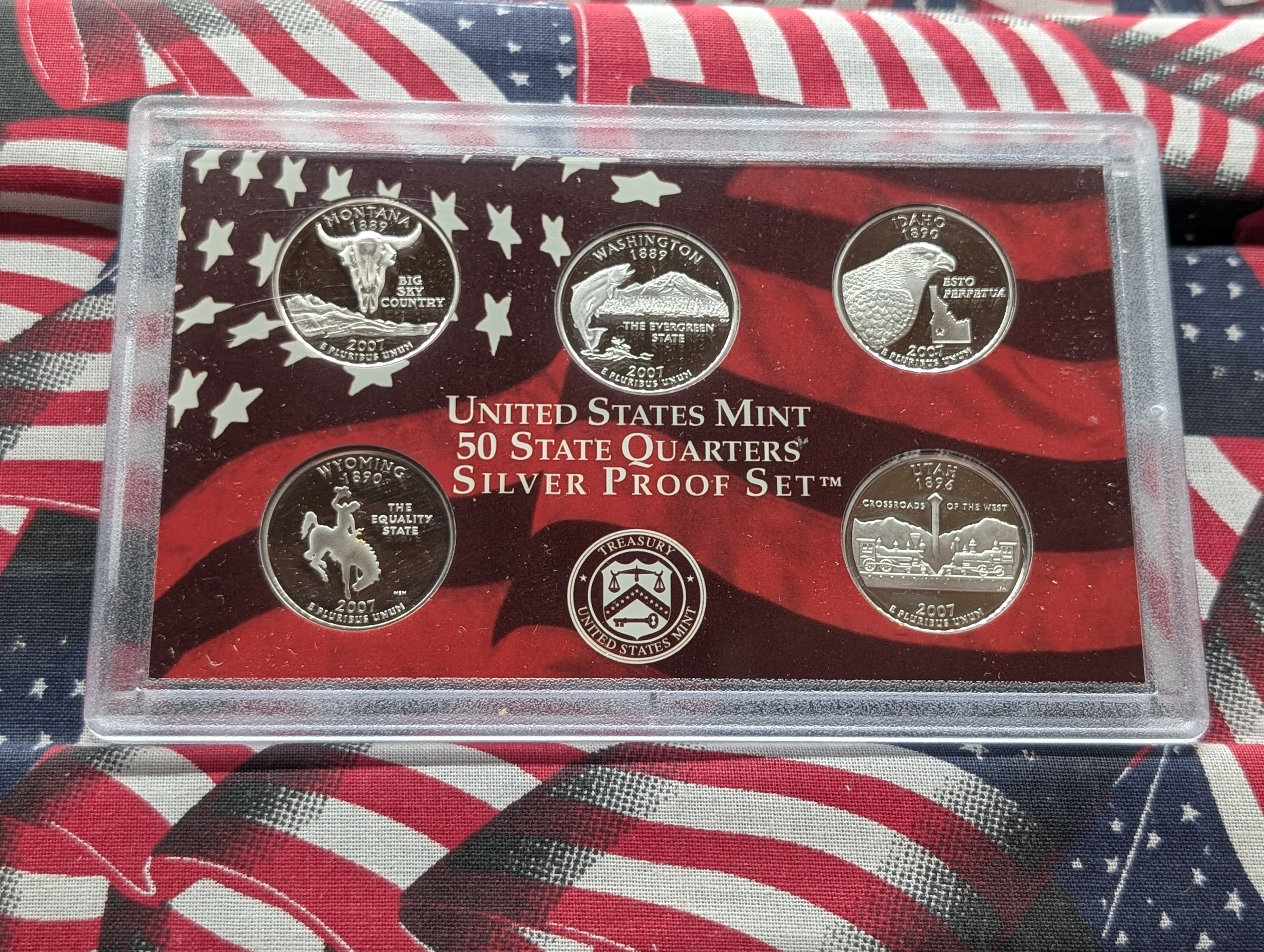 2007-S U.S. Mint Fifty State Quarters Silver Proof Set In OGP With COA, Five 90% Silver Coins
