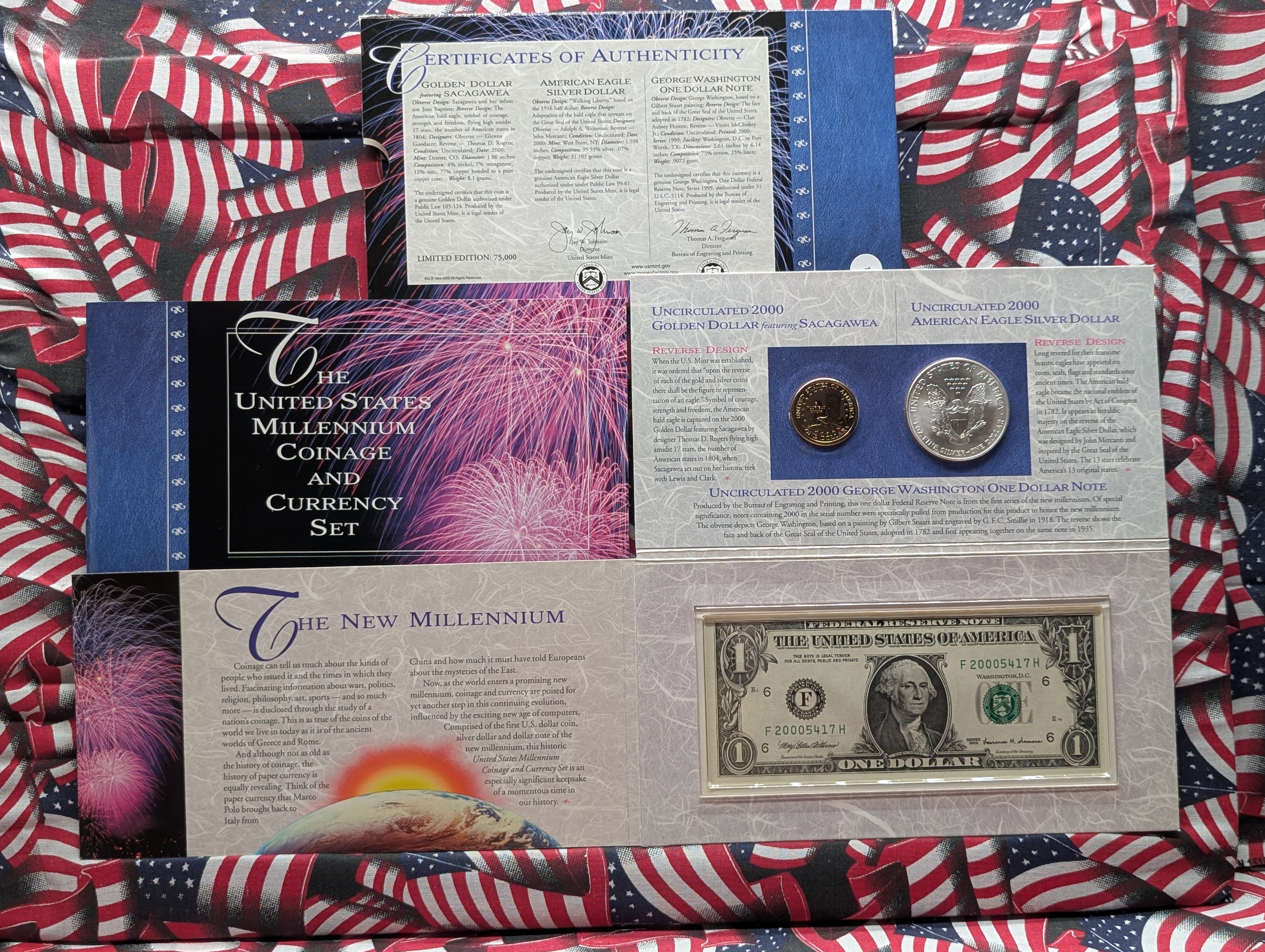 The U.S. Millenium Coinage And Currency Set, 2000 Sacagawea One Dollar, 2000 American Silver Eagle, & 1999 One Dollar Bank Note, with 2000 I