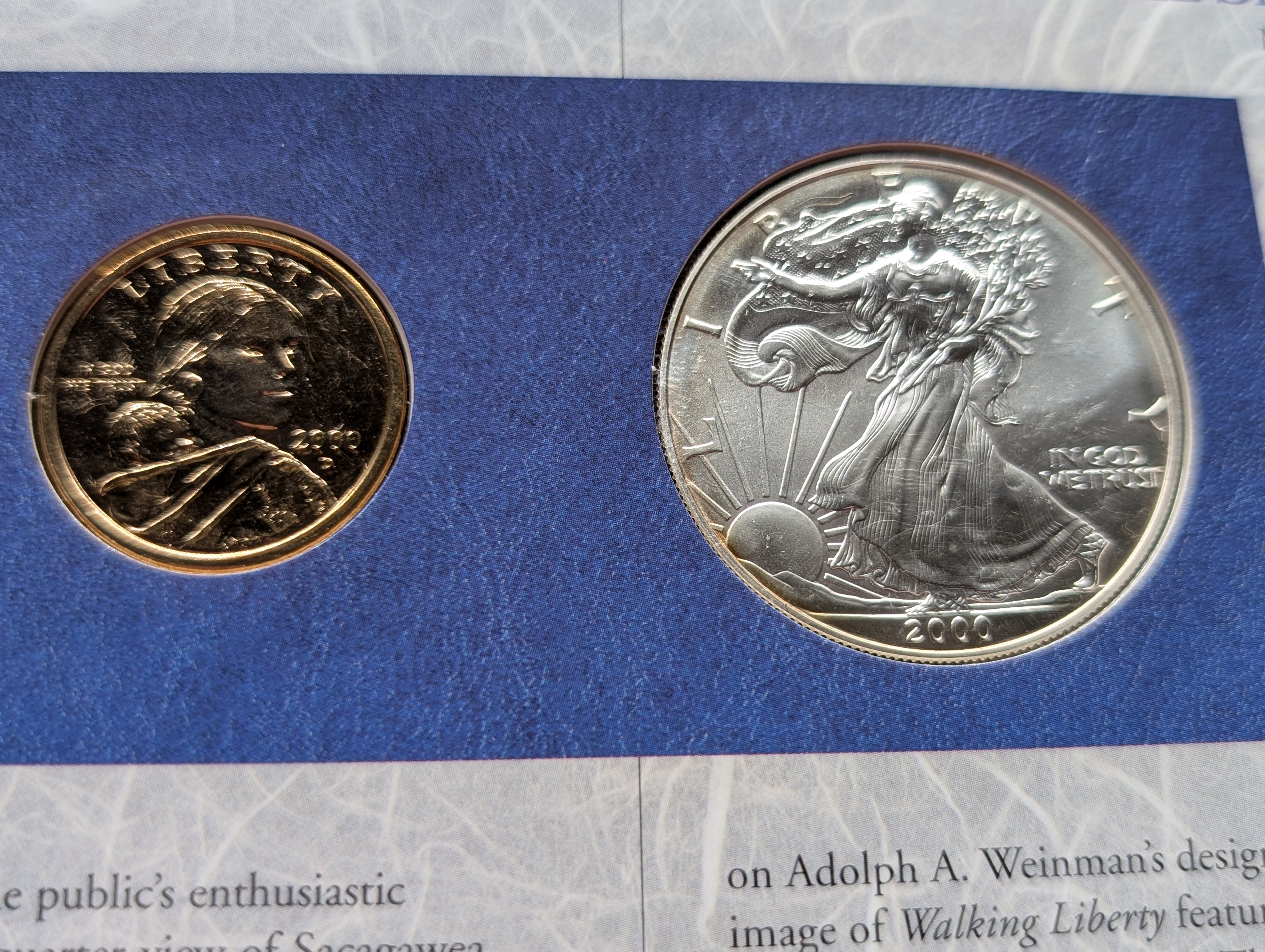 The U.S. Millenium Coinage And Currency Set, 2000 Sacagawea One Dollar, 2000 American Silver Eagle, & 1999 One Dollar Bank Note, with 2000 I