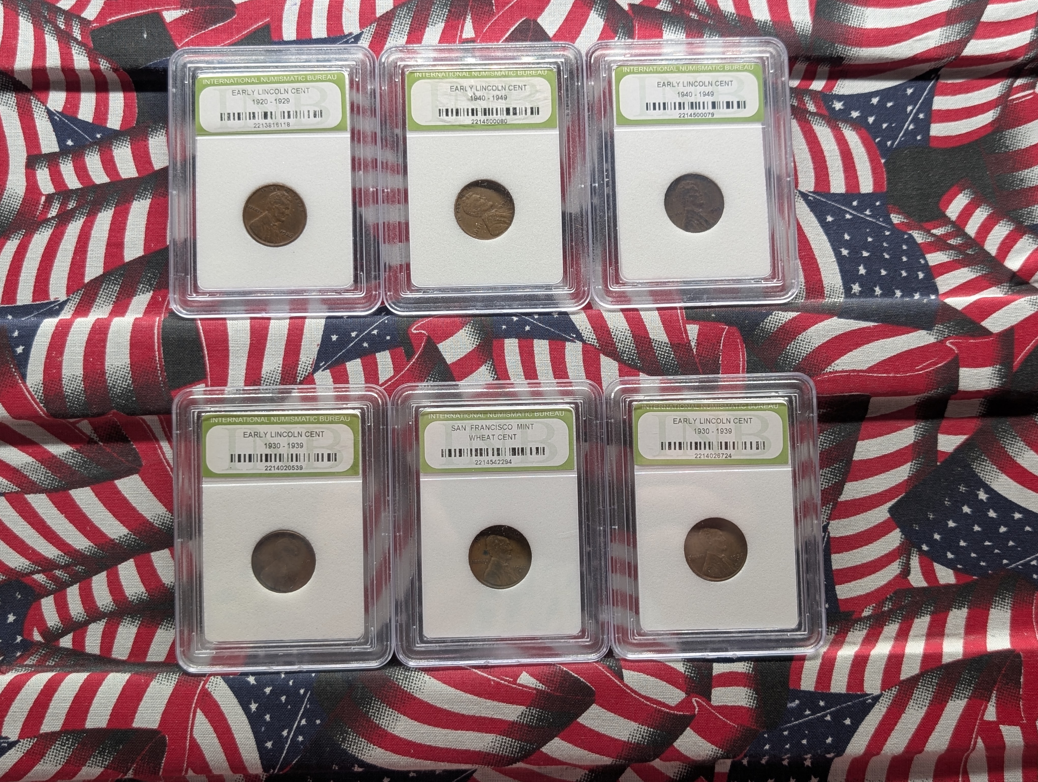 1926-P, 1934-P, 1937-D, 1942-S, & (2) 1945-P Lincoln Wheat Cents Slabbed by INB